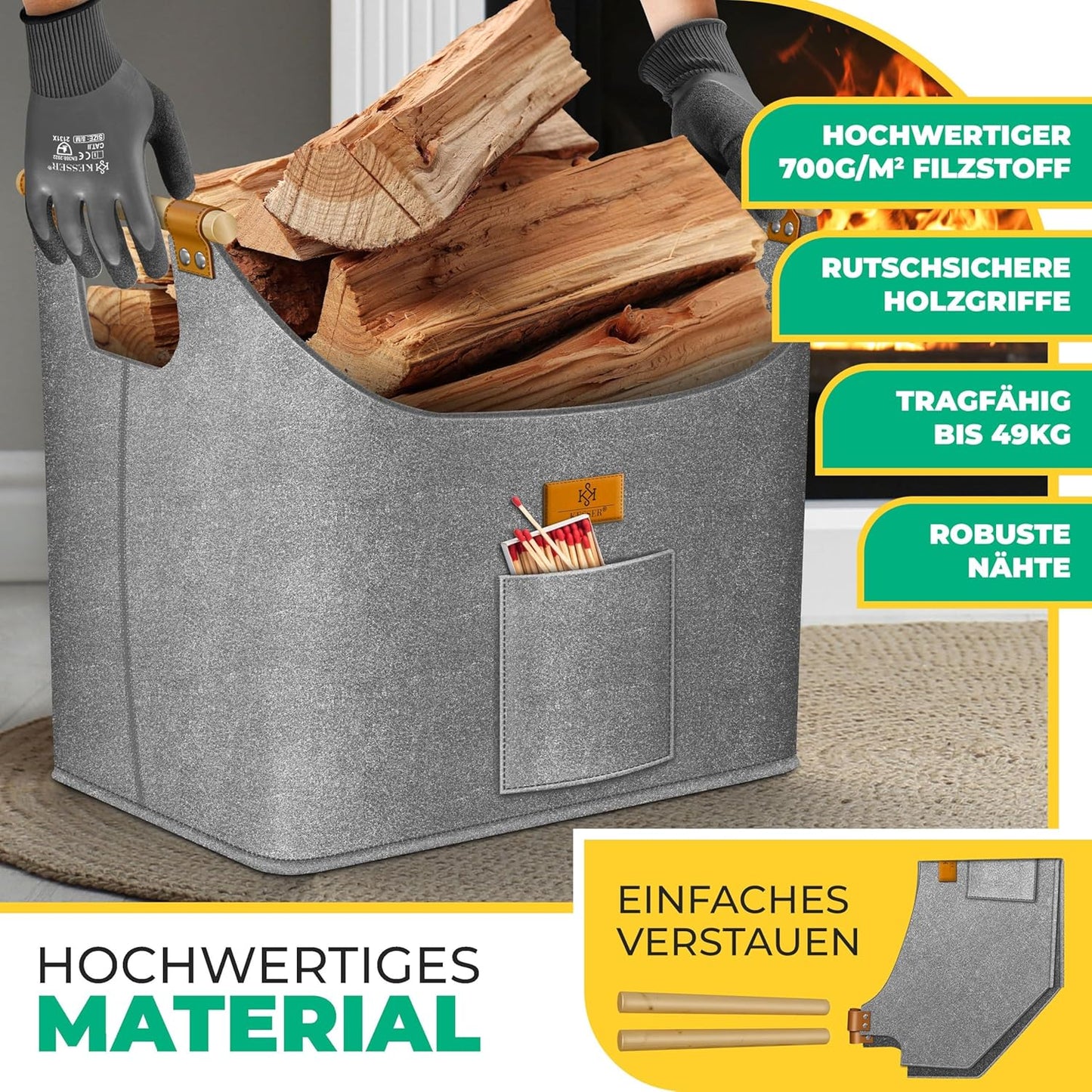 Faltbarer Brennholzkorb mit Holzgriffen, 60 Liter Grau