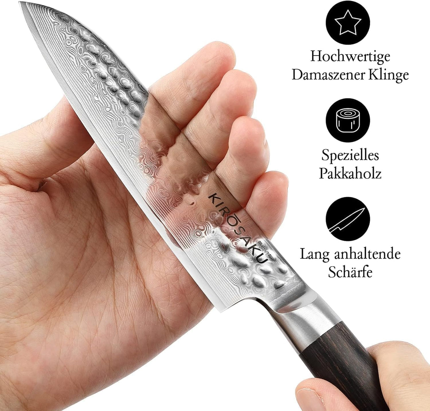 Damast-Santokumesser mit Pakkaholzgriff, Ii. Dunkelbraun 13 cm