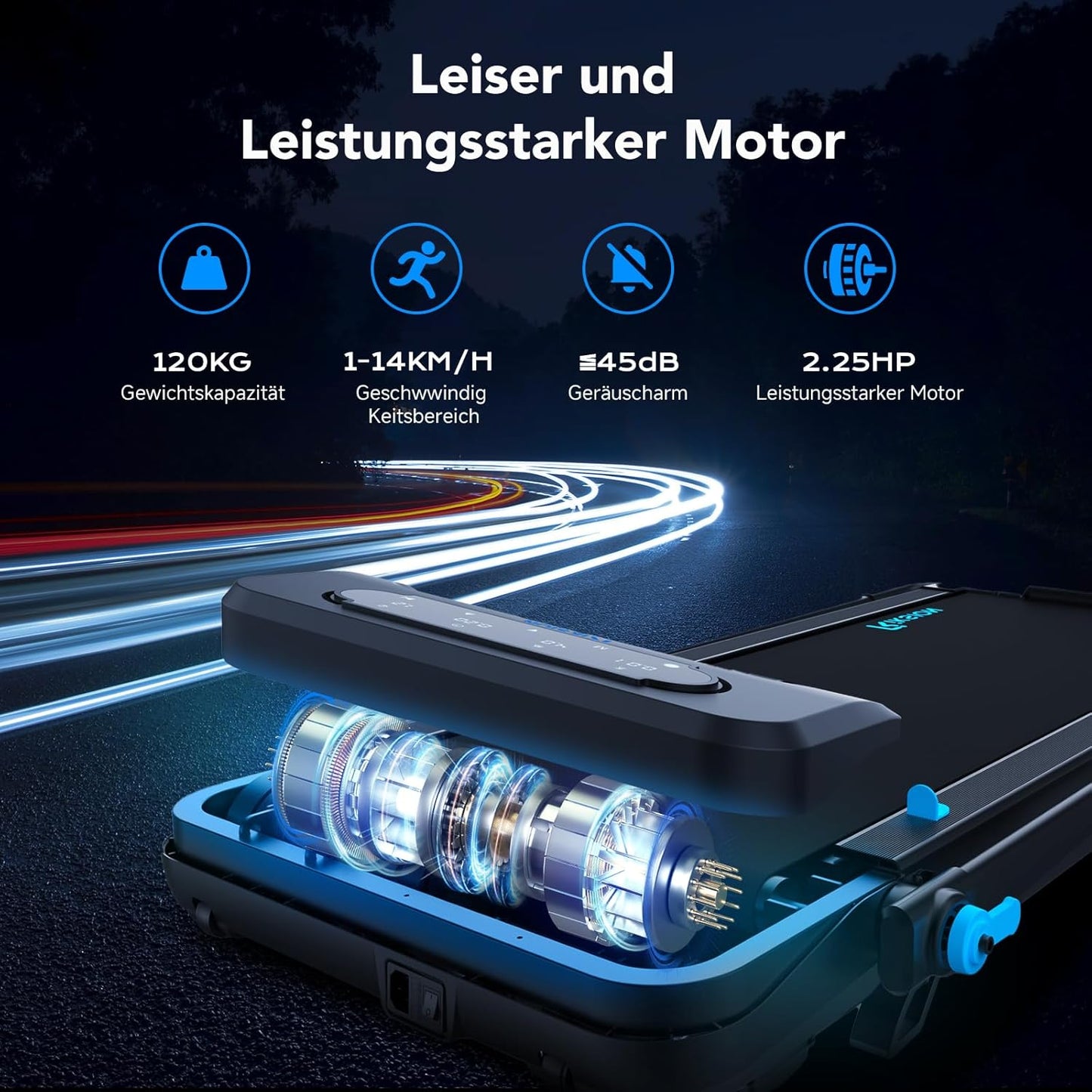 Klappbares Laufband mit Neigung und App-Steuerung, blau