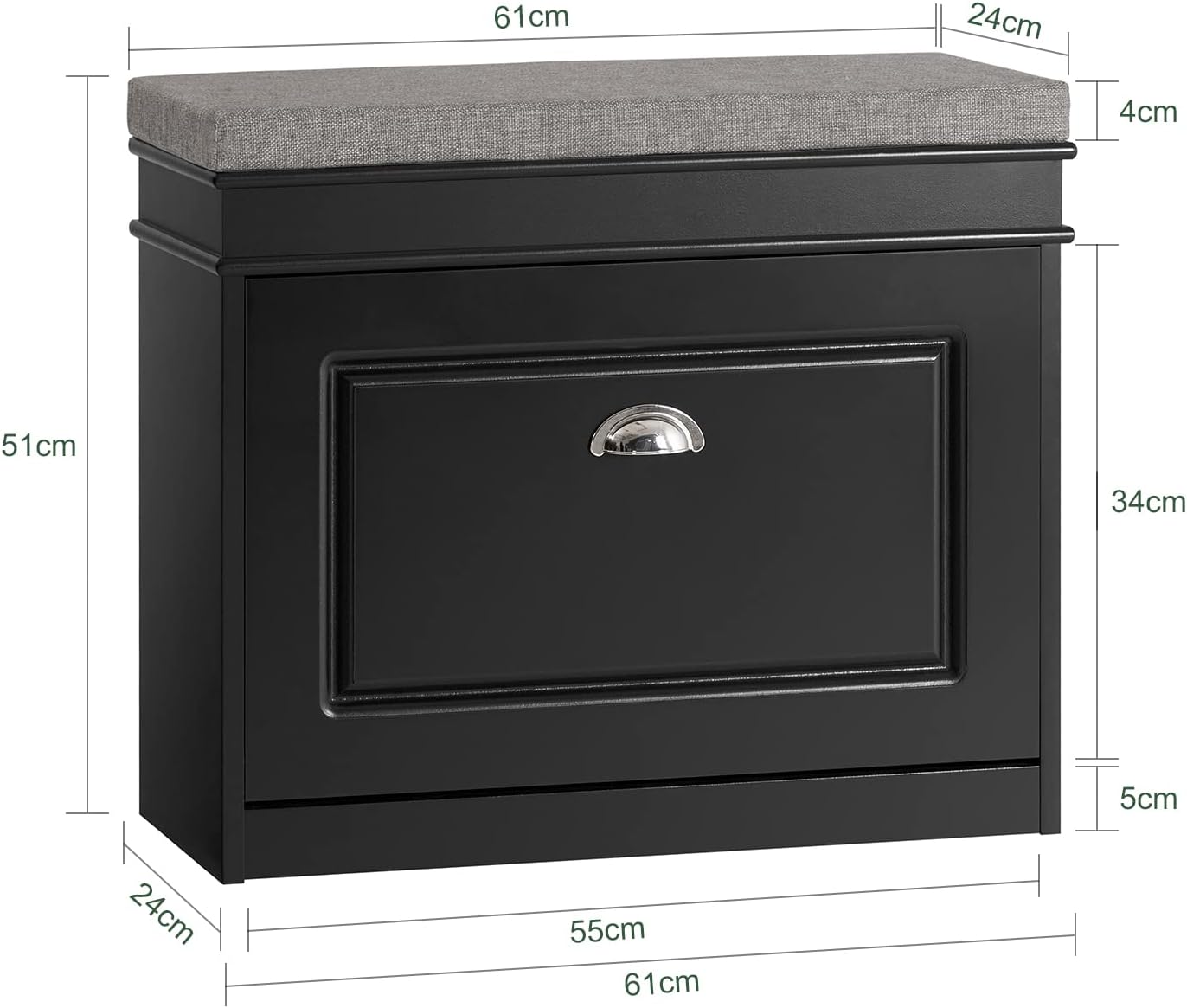 Schuhbank mit Sitzkissen und Stauraum, 61 x 51 x 24 cm Schwarz