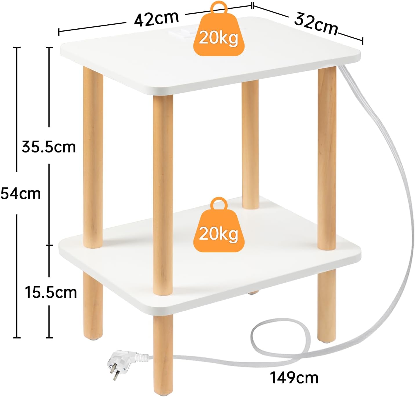 Beistelltisch mit Ladestation, 2 Ebenen Weiß