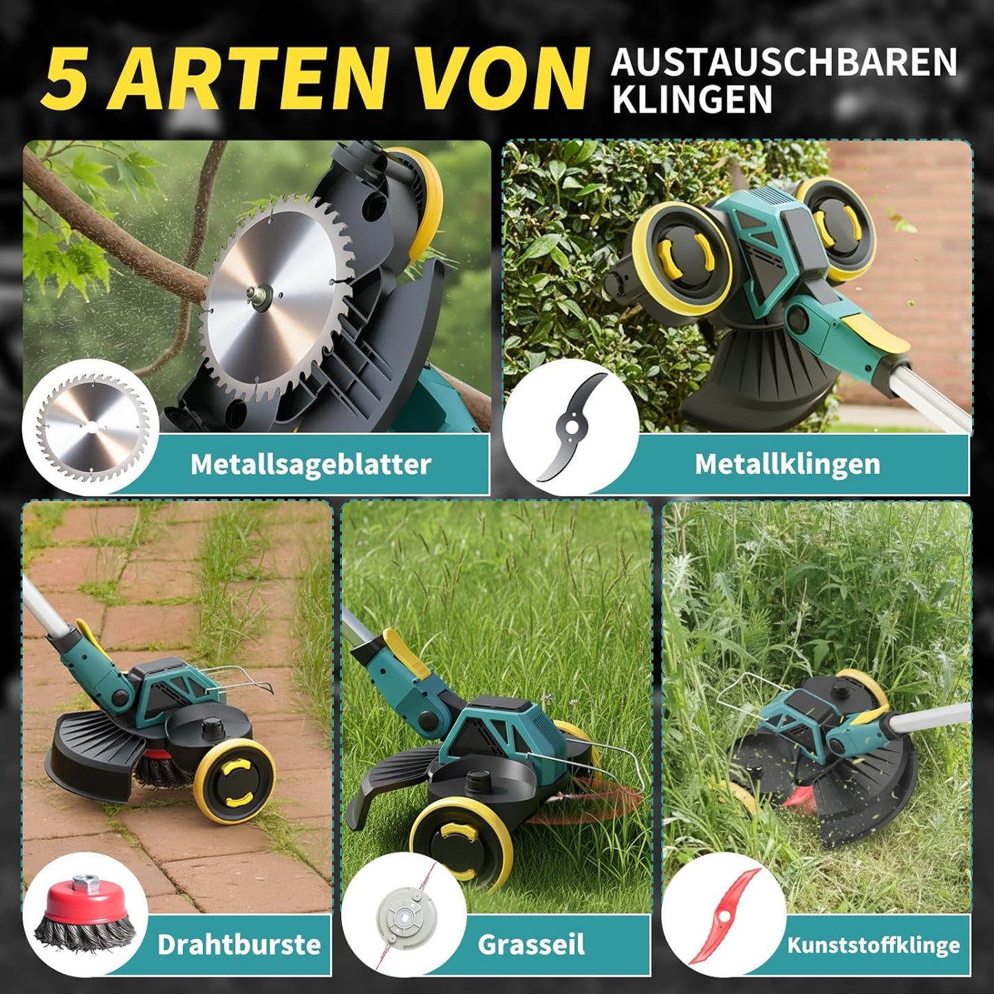 Akku-Rasentrimmer 5 in 1 mit Unkrautbürste 21V, Schwarz