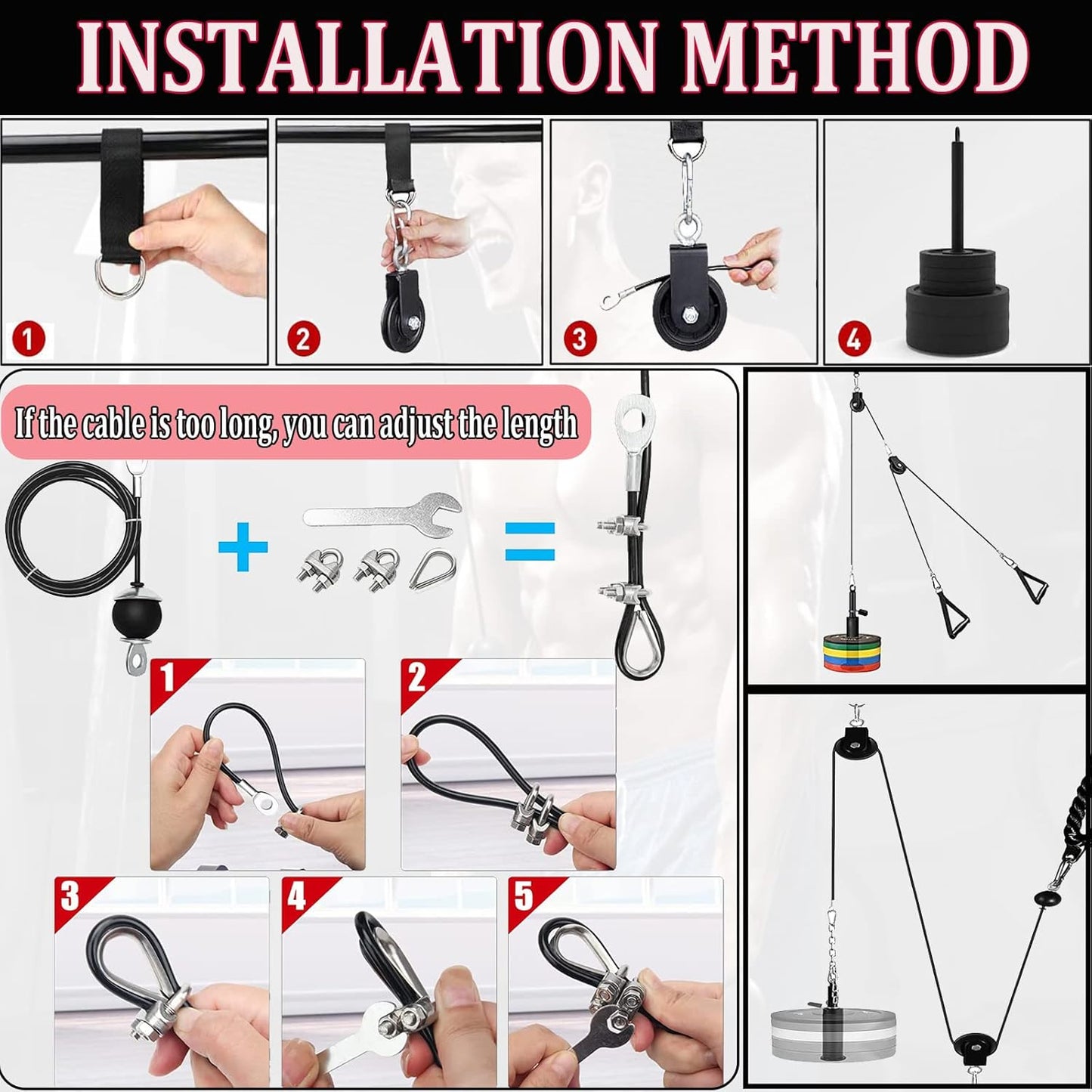 Kabelzug Fitnessgerät für Trizeps und Latzug, 2,5M Kabel L