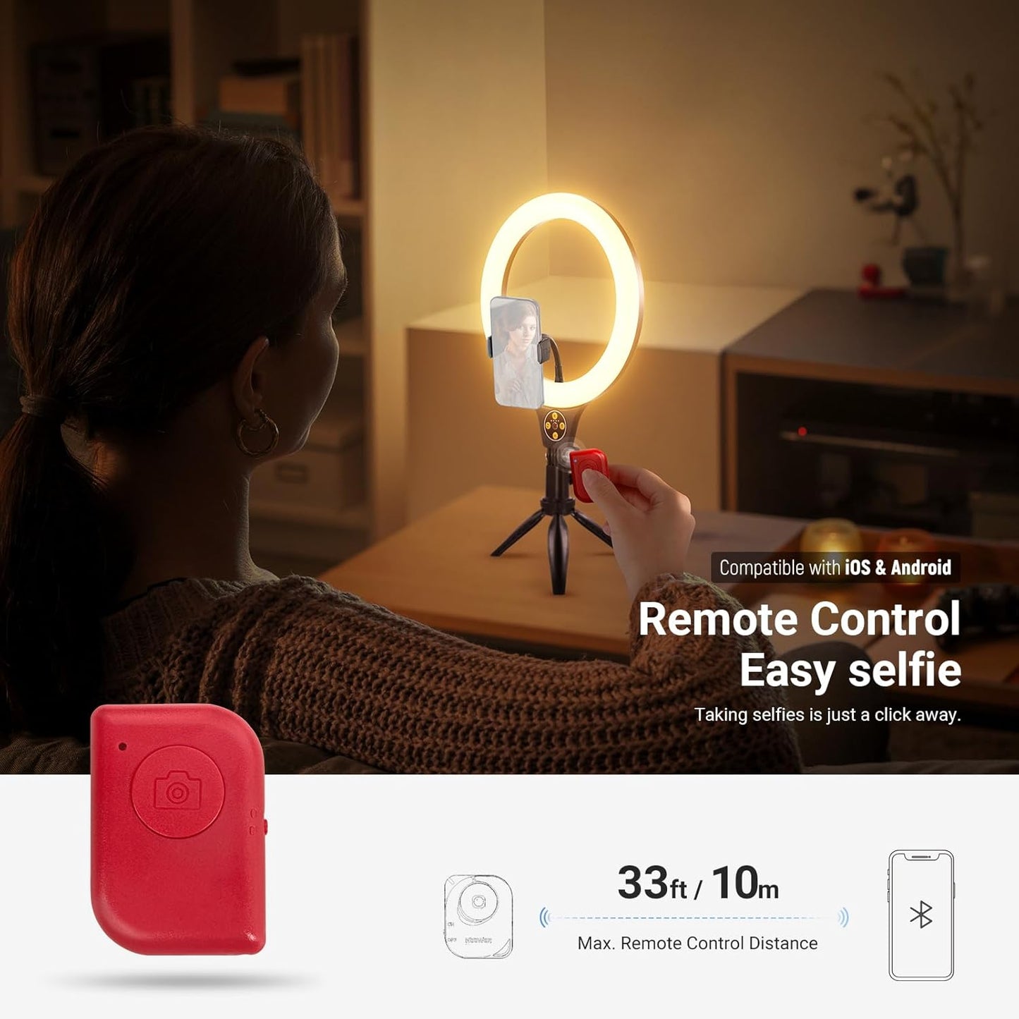 Ringlicht mit Stativ und Handyhalterung für Selfies, Schwarz 10,5" mit Tischstativ