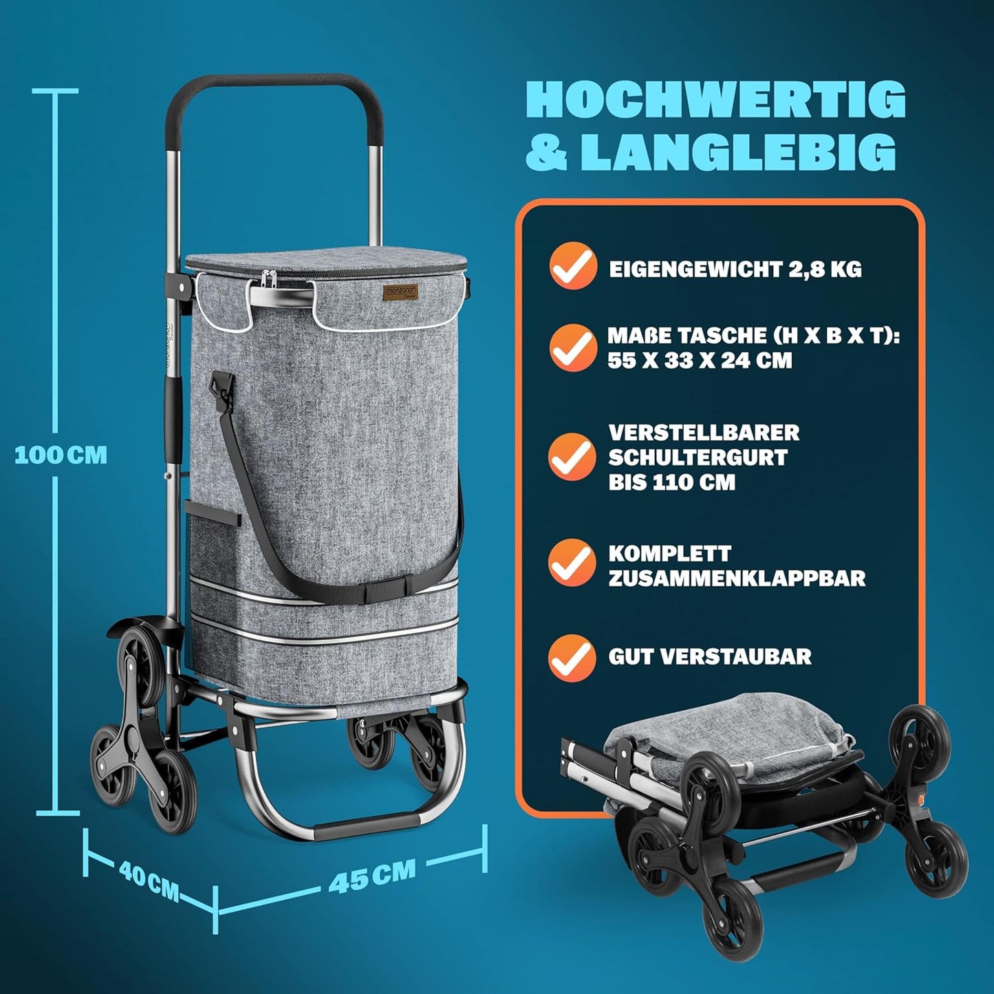 3in1 Einkaufstrolley mit Treppensteiger-Funktion, Grau