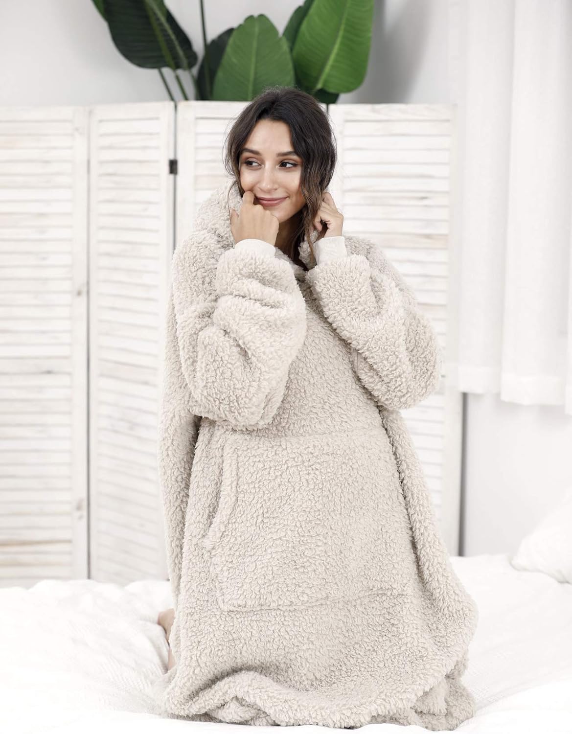 Sherpa-Decke mit Kapuze (Einheitsgrösse), Einheitsgröße Beige
