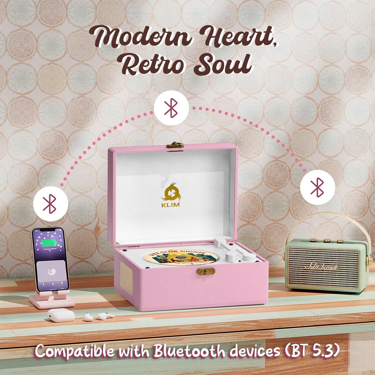 Retro-CD-Player mit Bluetooth und Lautsprecher, Rosa