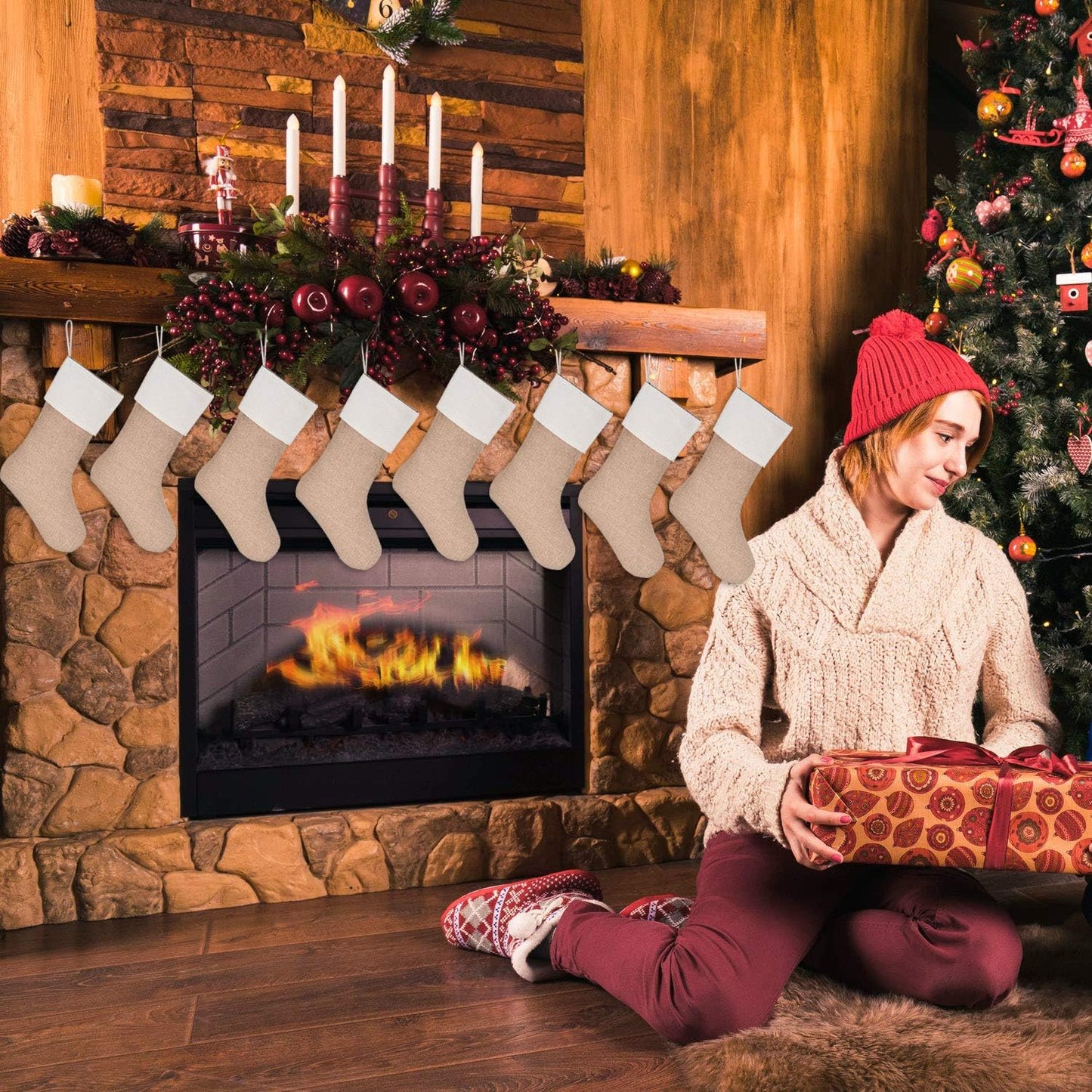8-teiliges Weihnachtsstrumpf-Set, Flachs / 8