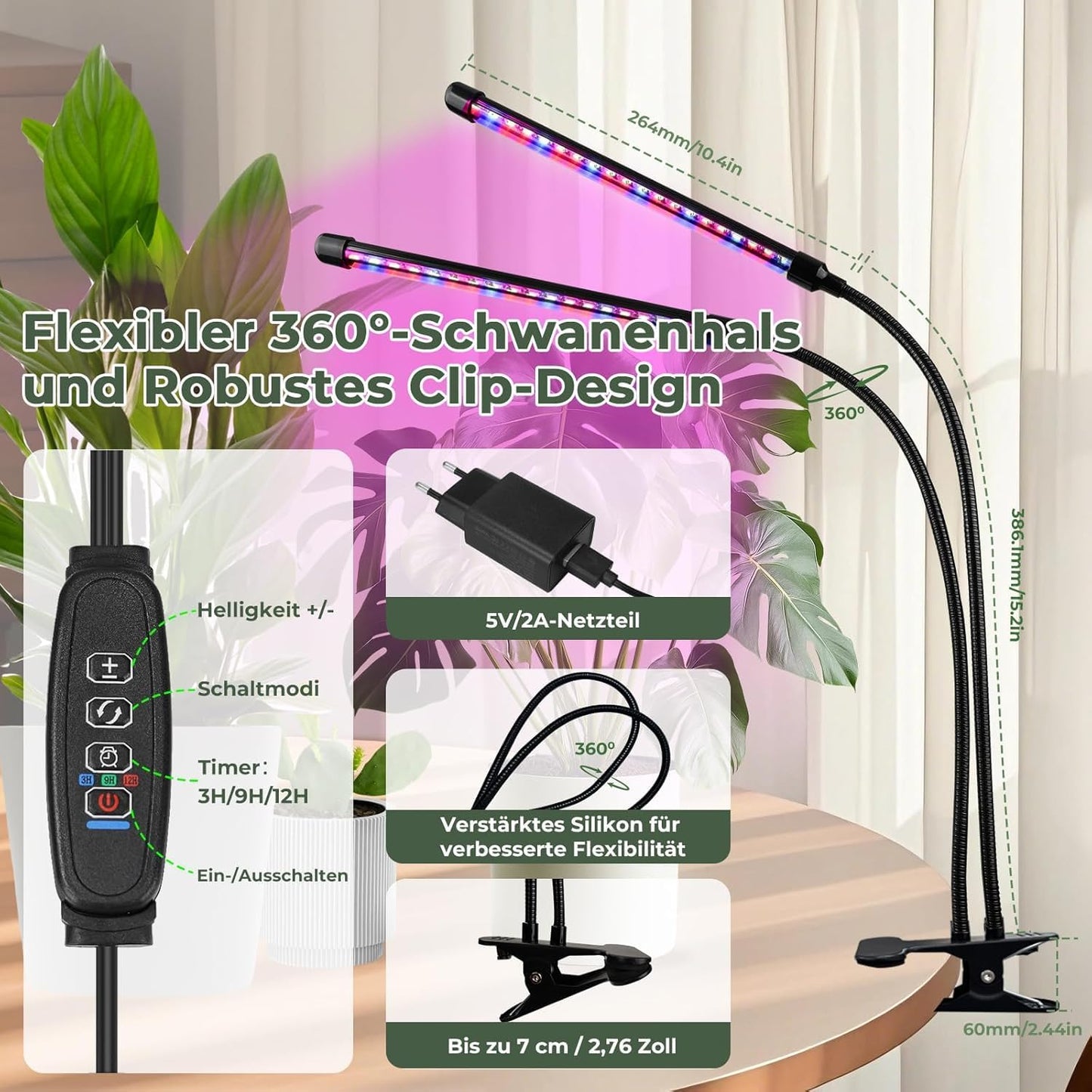 LED Pflanzenlampe Vollspektrum mit Timer & Dimmer, 8 W