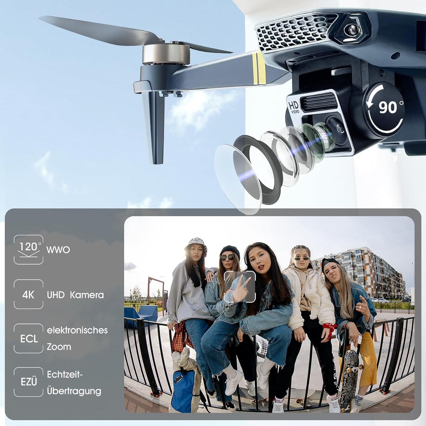 Faltbare Drohne mit 4K-Kamera, Kultiviert subtiles Schieferblau