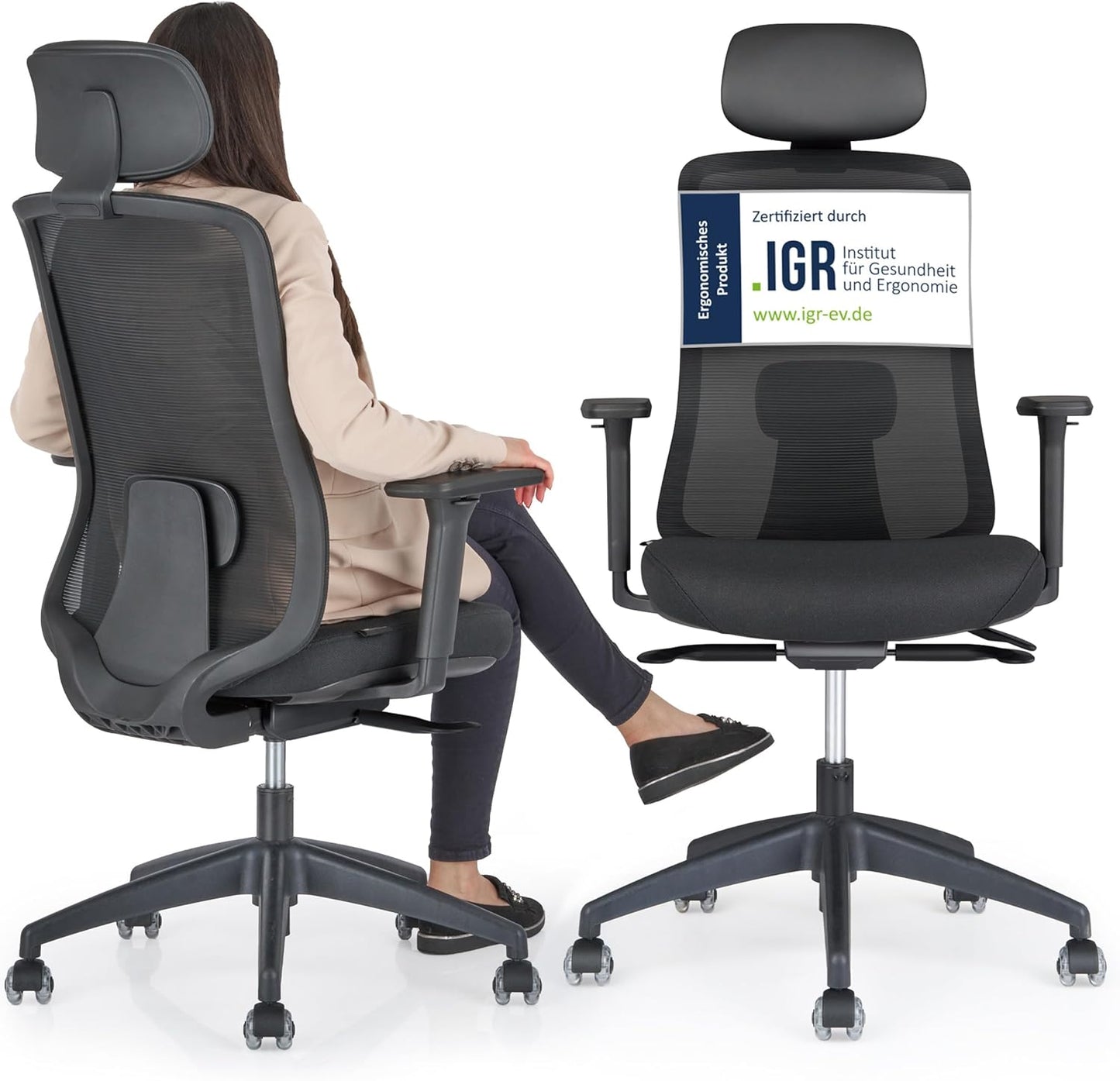 Ergonomischer Bürostuhl, Mit Kopfstütze Schwarz