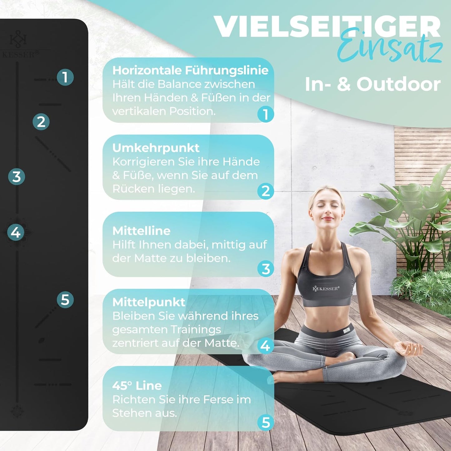Gymnastikmatte + Tragegurt rutschfest TPE Yogamatte gepolstert, Schwarz / Schwarz