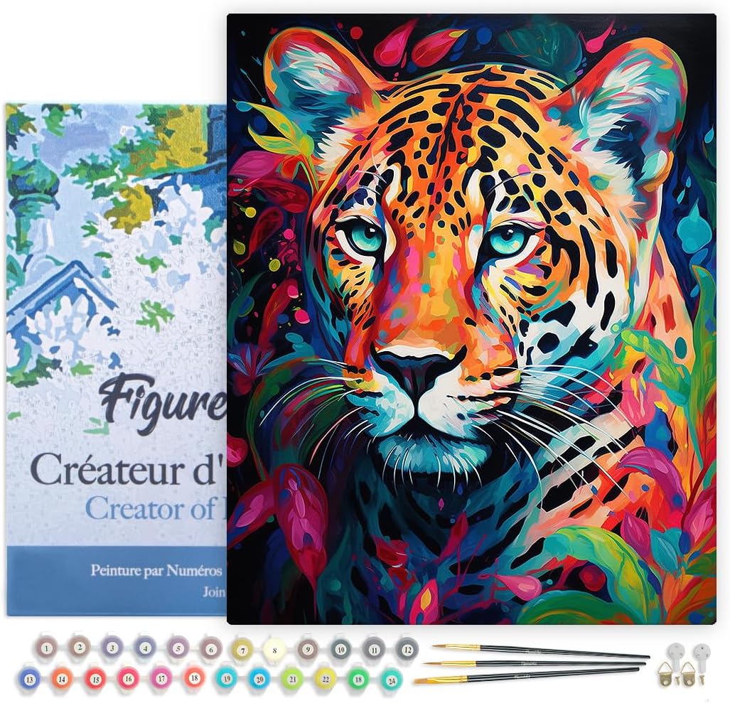 Malen nach Zahlen Set Leopard Farbenfroh Abstrakt, 40x50 cm mit Rahmen, Leopard Farbenfroh Abstrakt 40x50cm Mit Rahmen (bereits gespannt)