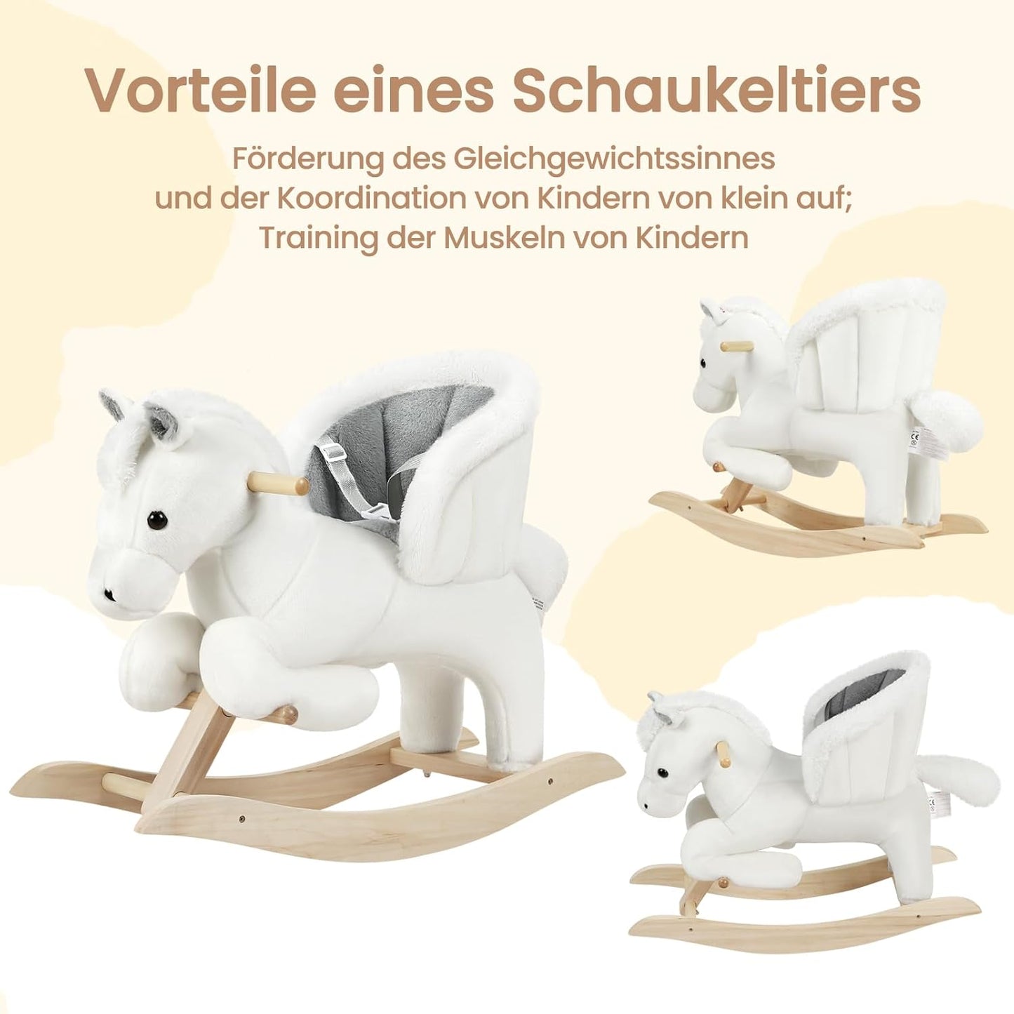 Schaukeltier mit Tiergeräuschen und Haltegriffen, Weiß + Grau