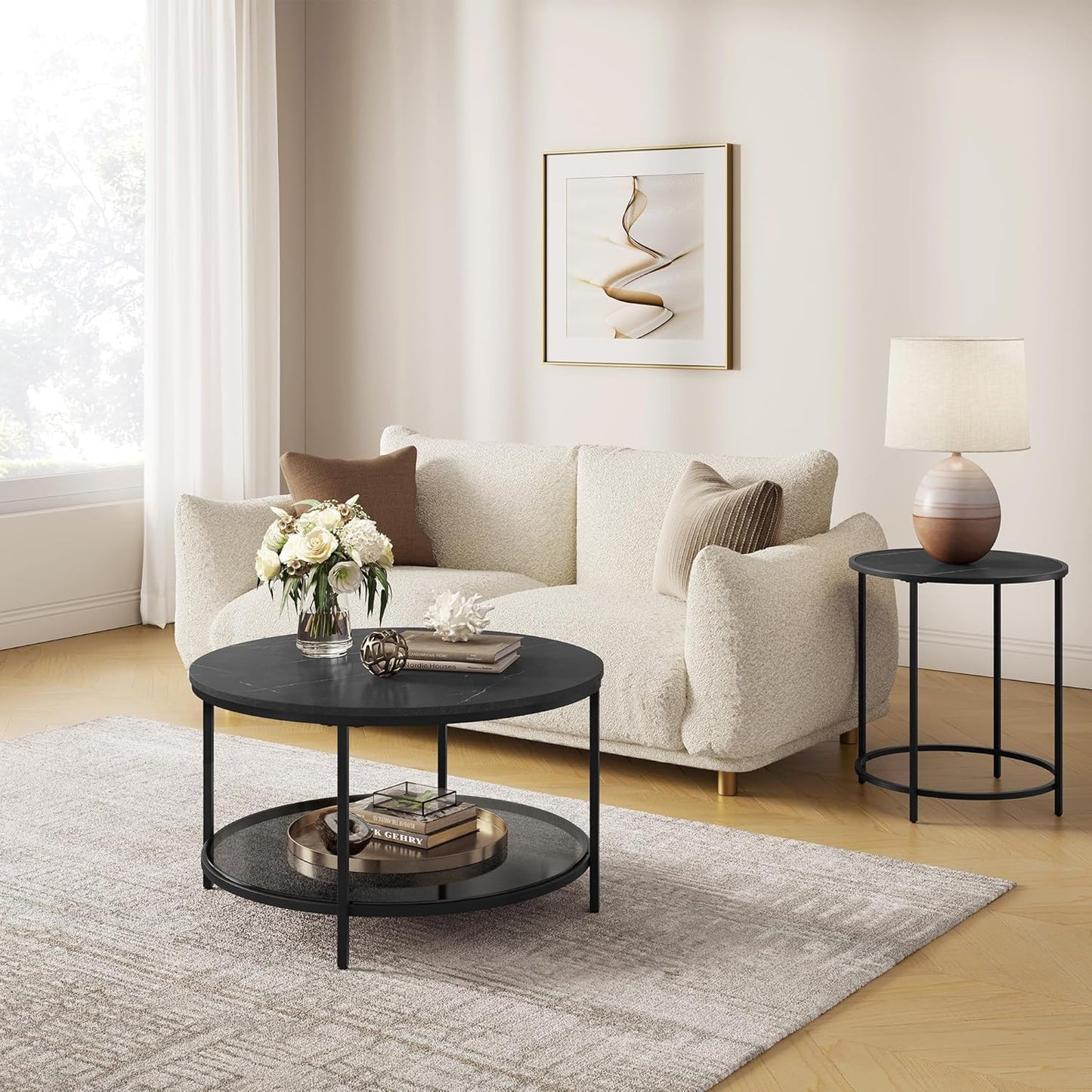 Moderner Couchtisch mit Glasplatte und Stauraum, LCT071B58, 80d cm Marmorschwarz + Tintenschwarz