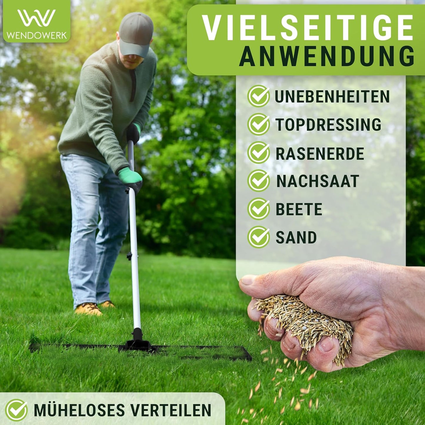 Rasennivellierrechen 80x30 cm mit langem Stiel & Handschuhen, Schwarz