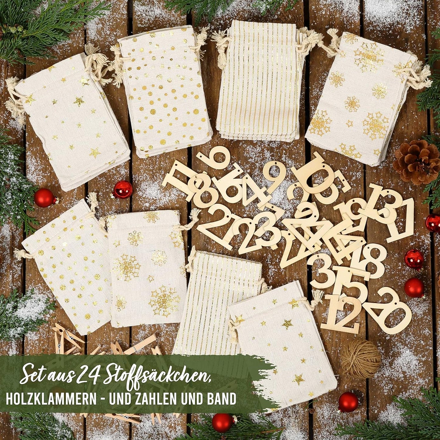Adventskalender mit Stoffsäckchen und Holzzahlen, Gold Bedruckt