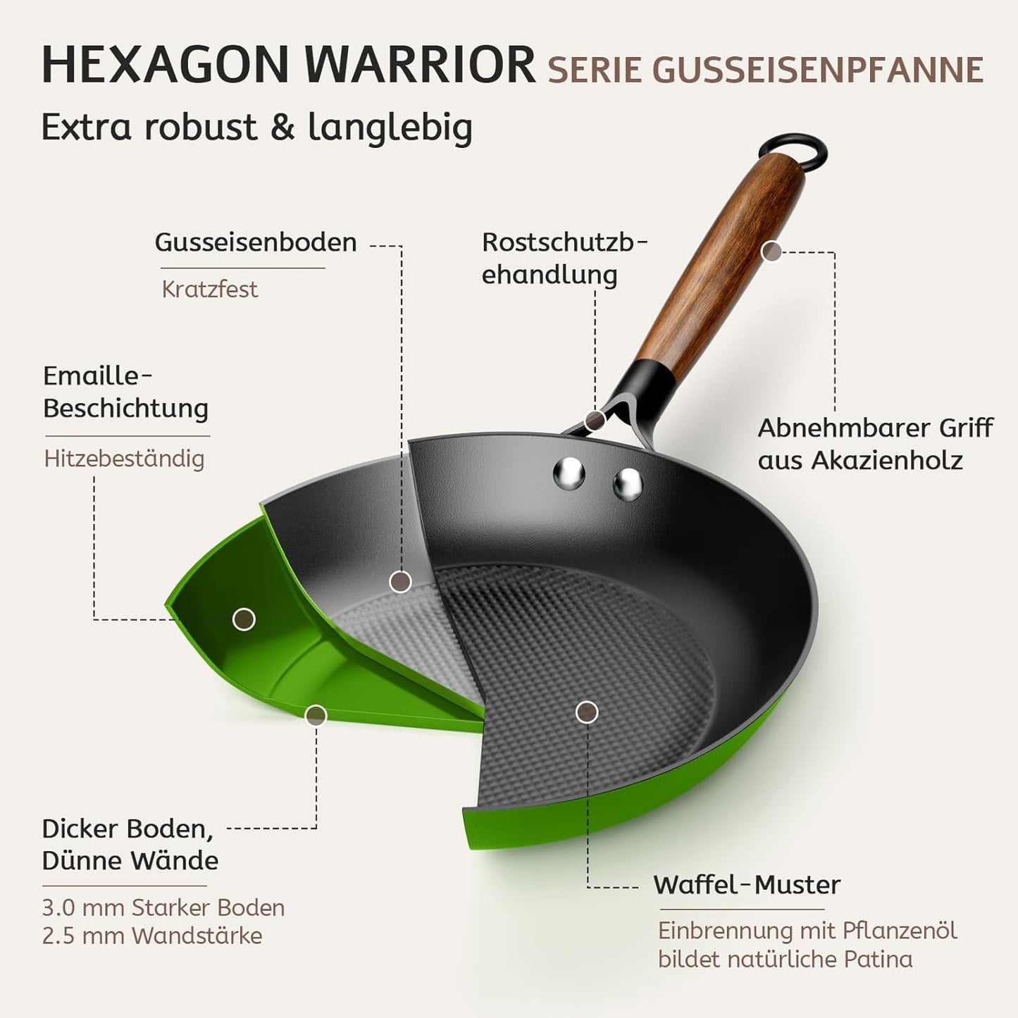 Gusseisenpfanne 20 cm vorgewürzt, Antihaft, Induktion geeignet, Grün 20 cm