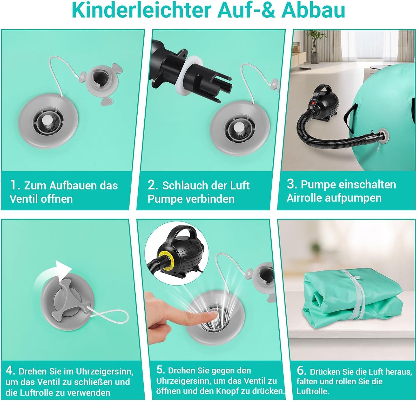 Aufblasbare Gymnastikrolle mit Luftpumpe, 120x75cm(Grün)