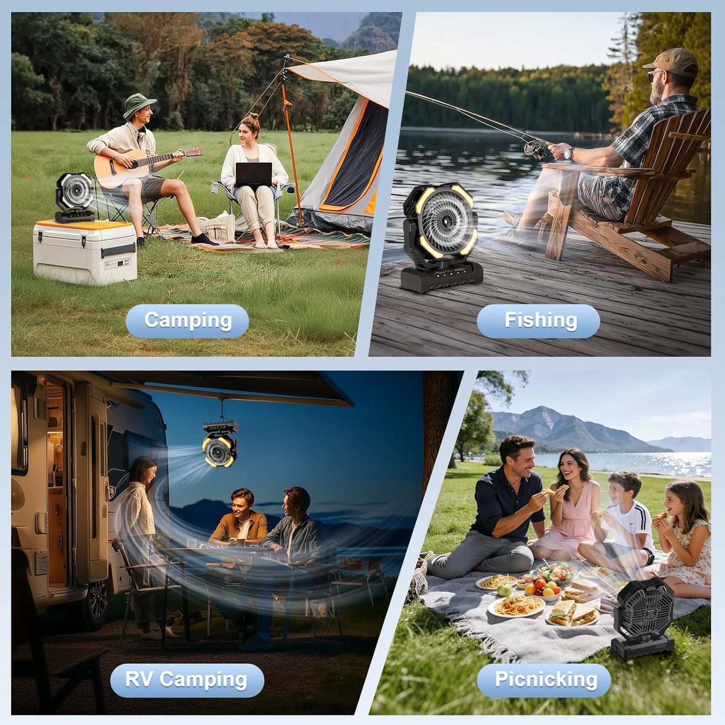 Akku Campingventilator mit Sprühfunktion und Fernbedienung, Schwarz