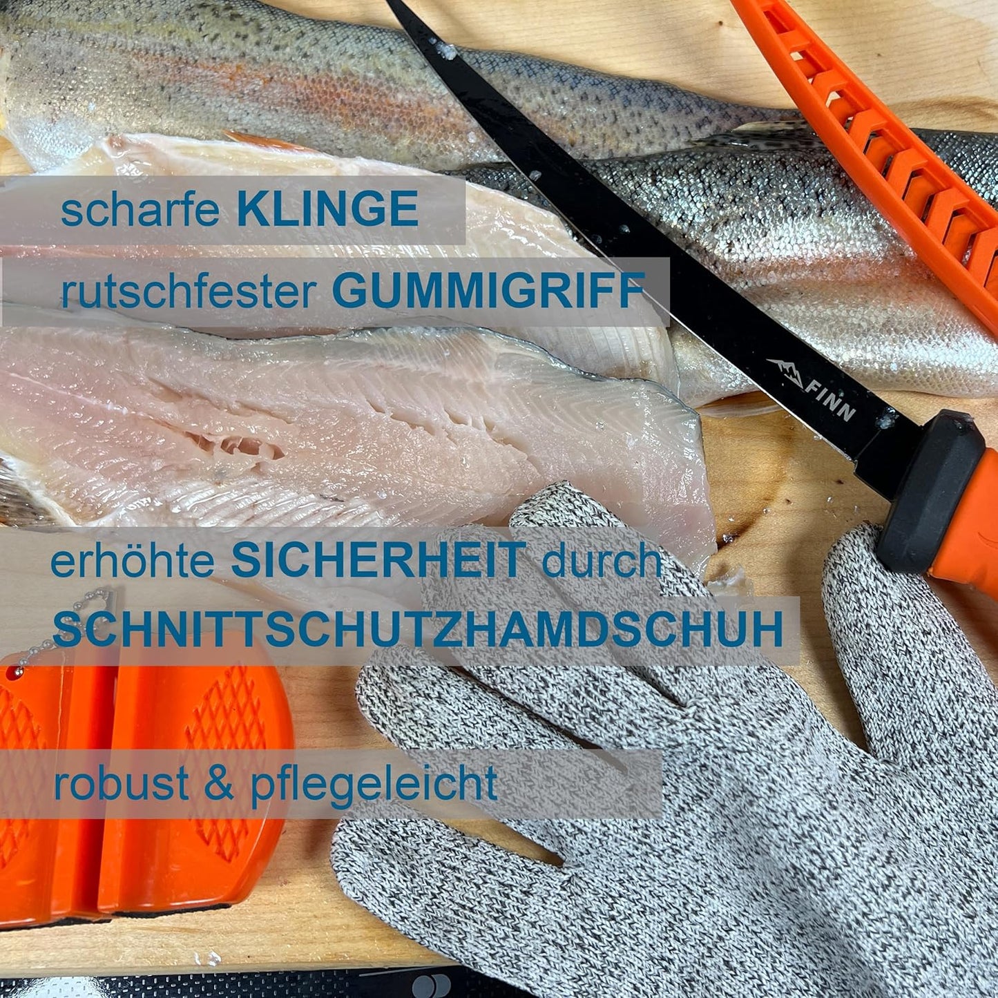 Filetiermesser-Set mit Messerschärfer & Handschuhen, Orange