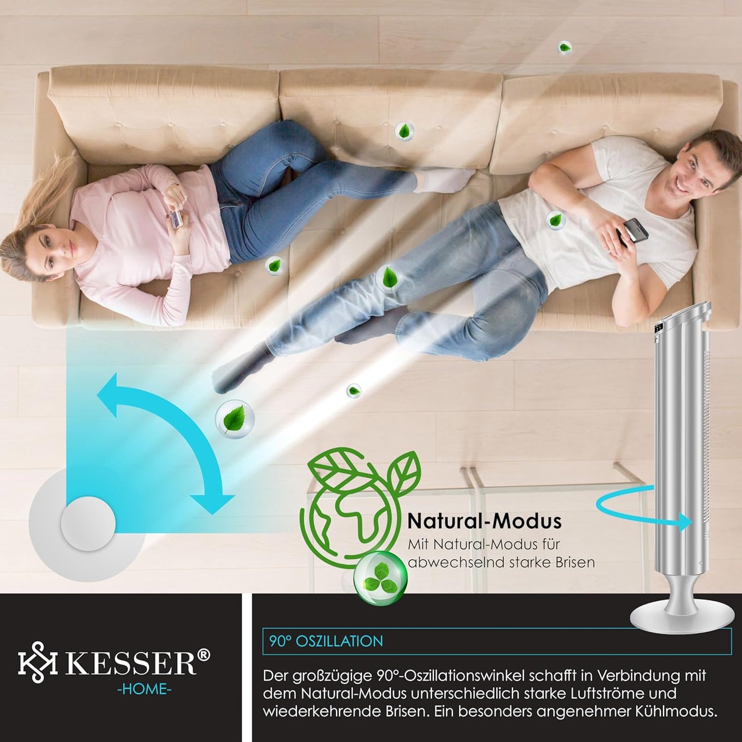 Turmventilator mit Fernbedienung und Timerfunktion, Silber