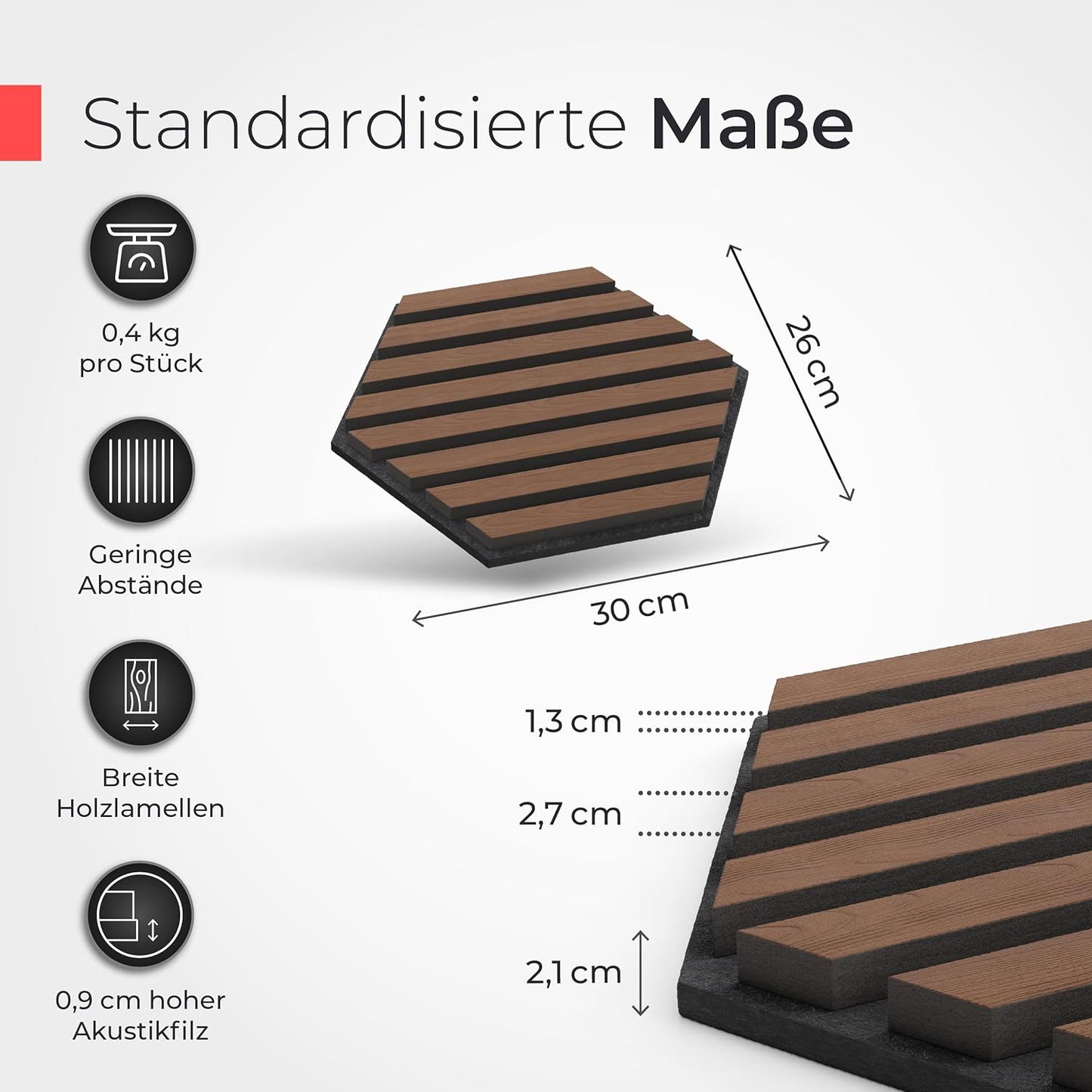 Akustikpaneele 3D, 9 Stück | 30 x 26 x 2,1 cm Holzfurnier Walnuss | Akustikfilz Schwarz
