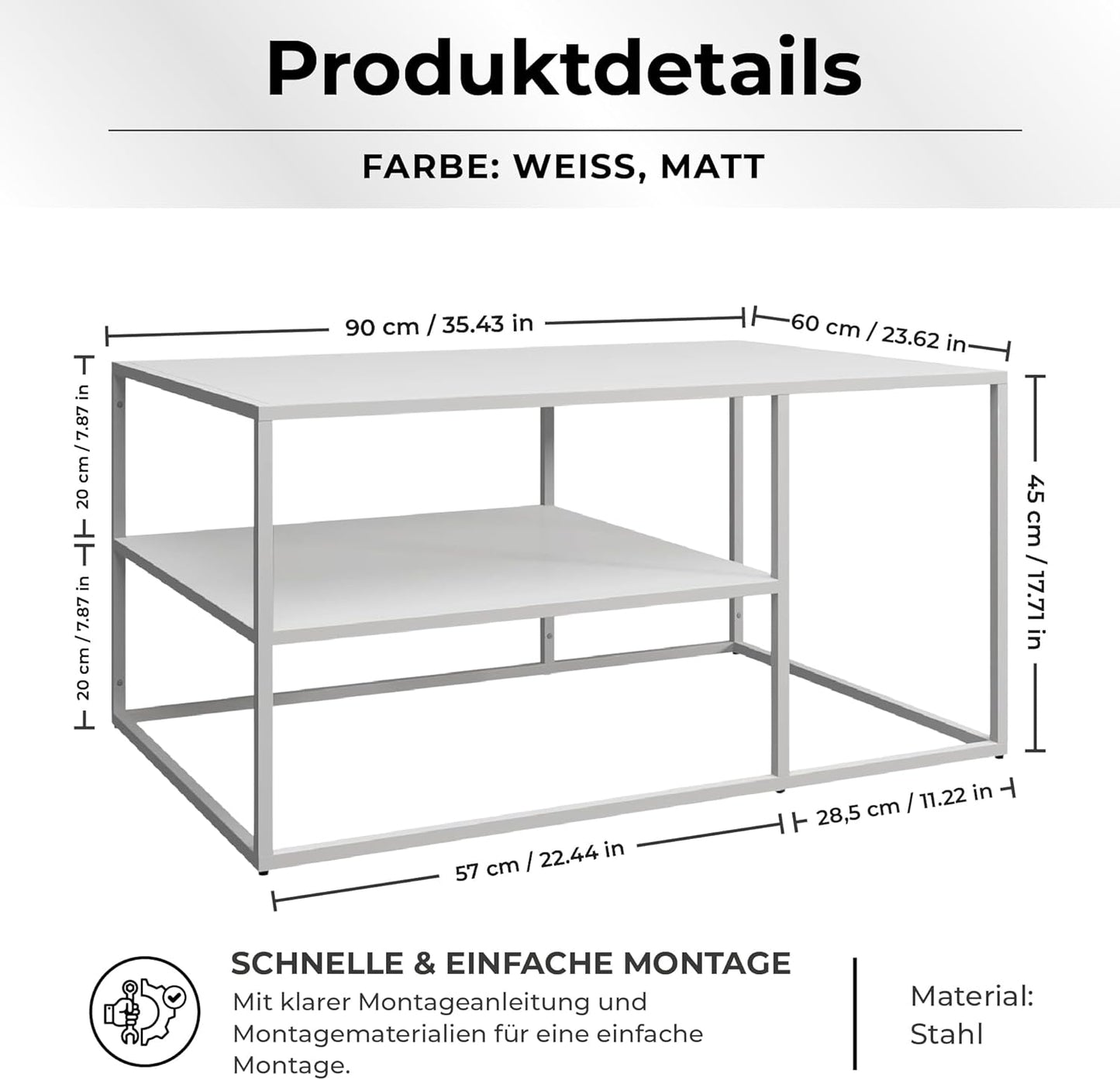 Rechteckiger Couchtisch mit Stauraum, Weiß 90 x 60 x 45 cm
