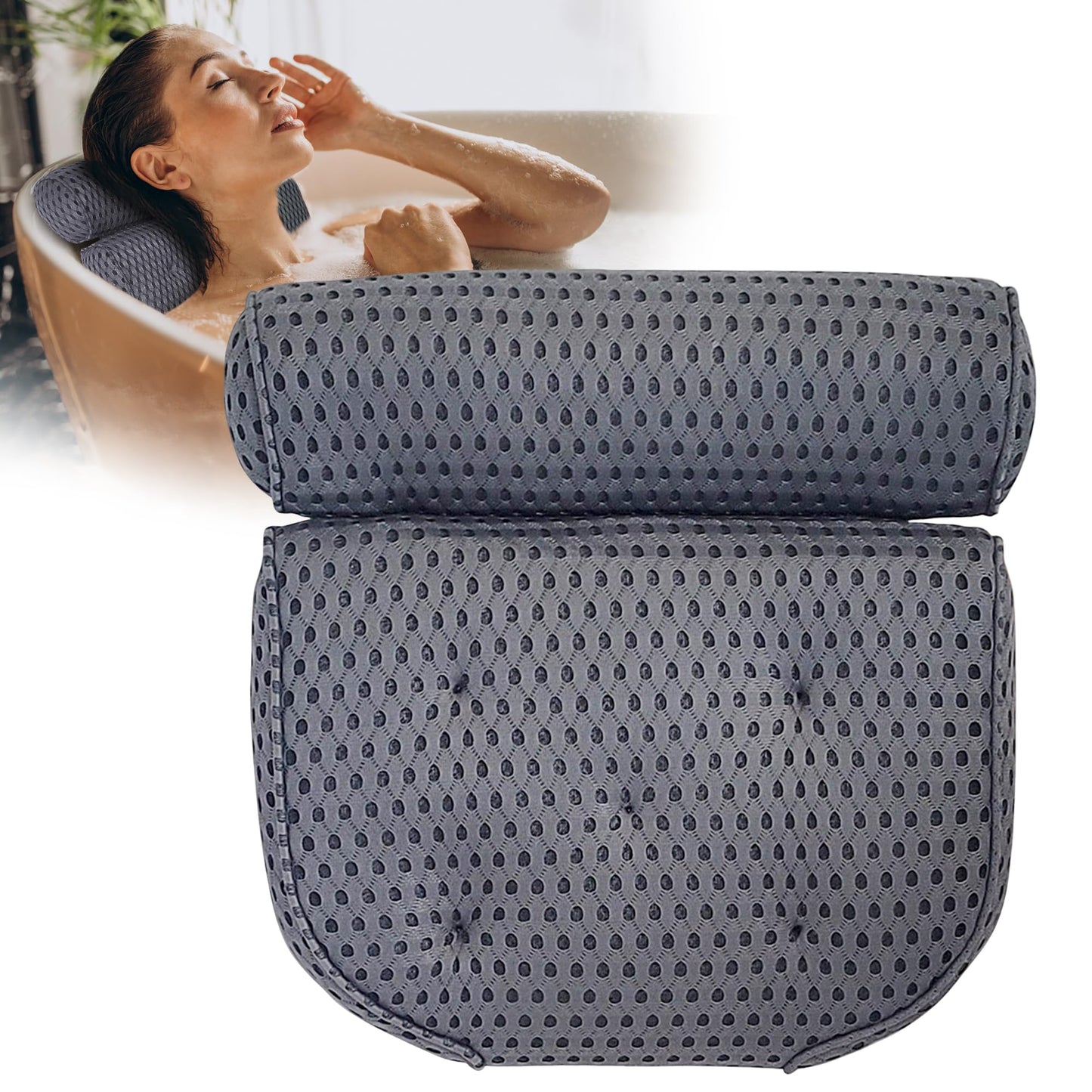 Ergonomisches Badewannenkissen mit 7 Saugnäpfen, Grau extra dick