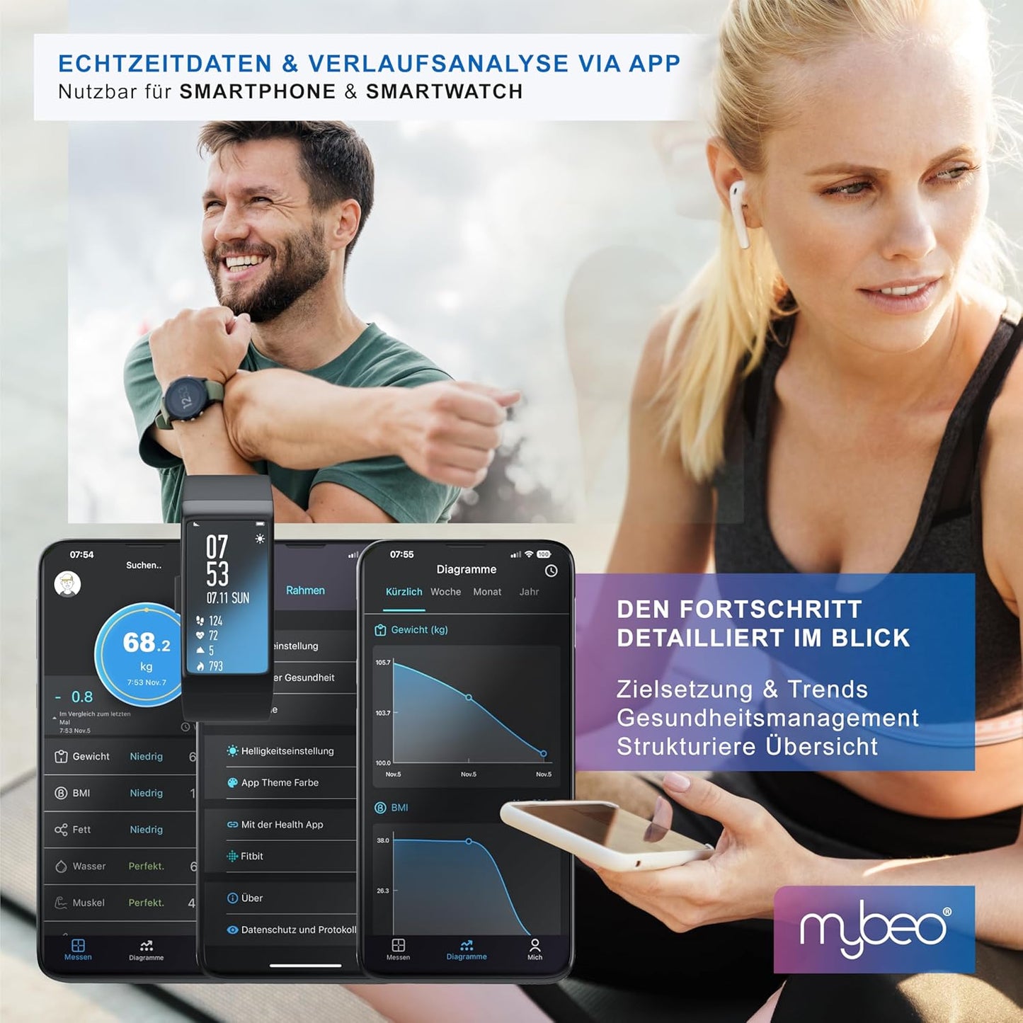 Digitale Bluetooth Körperfettwaage mit App-Steuerung, A: Schwarz