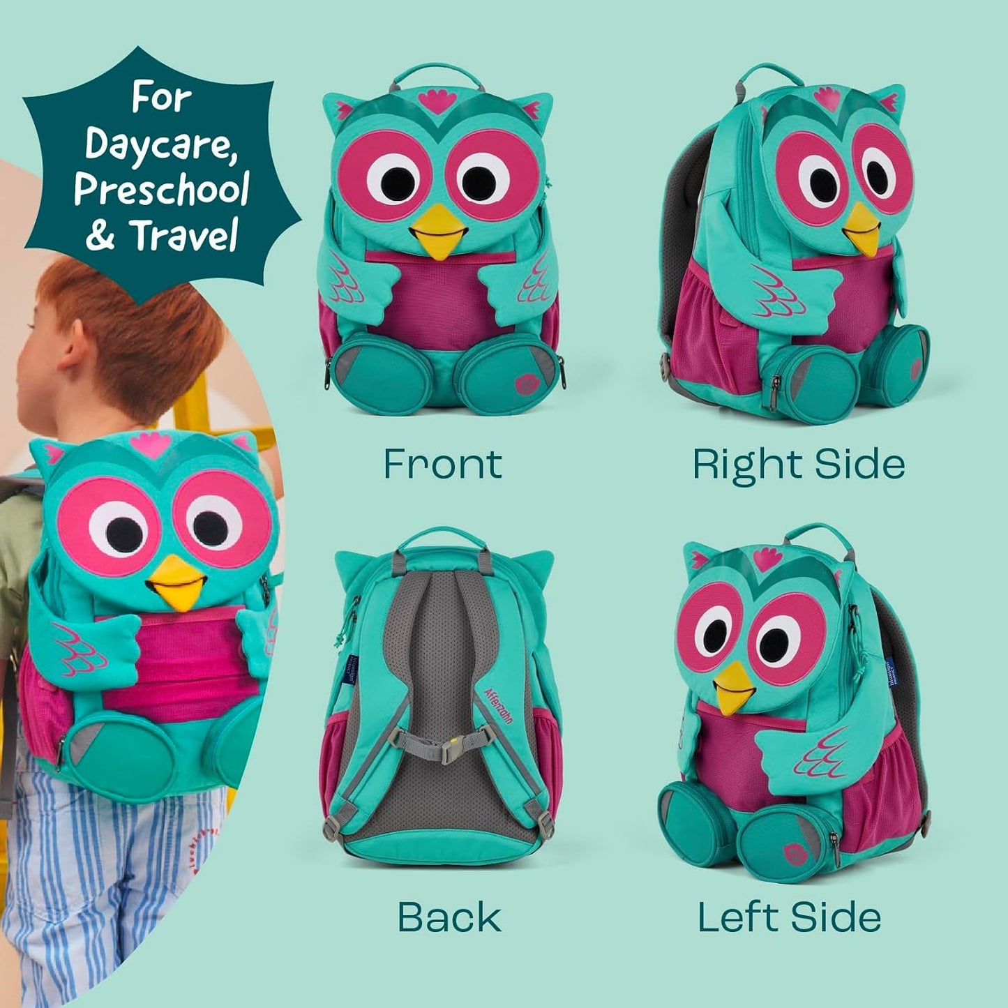 Kindergartenrucksack Grosser Freund, 8 L Eule - Türkis