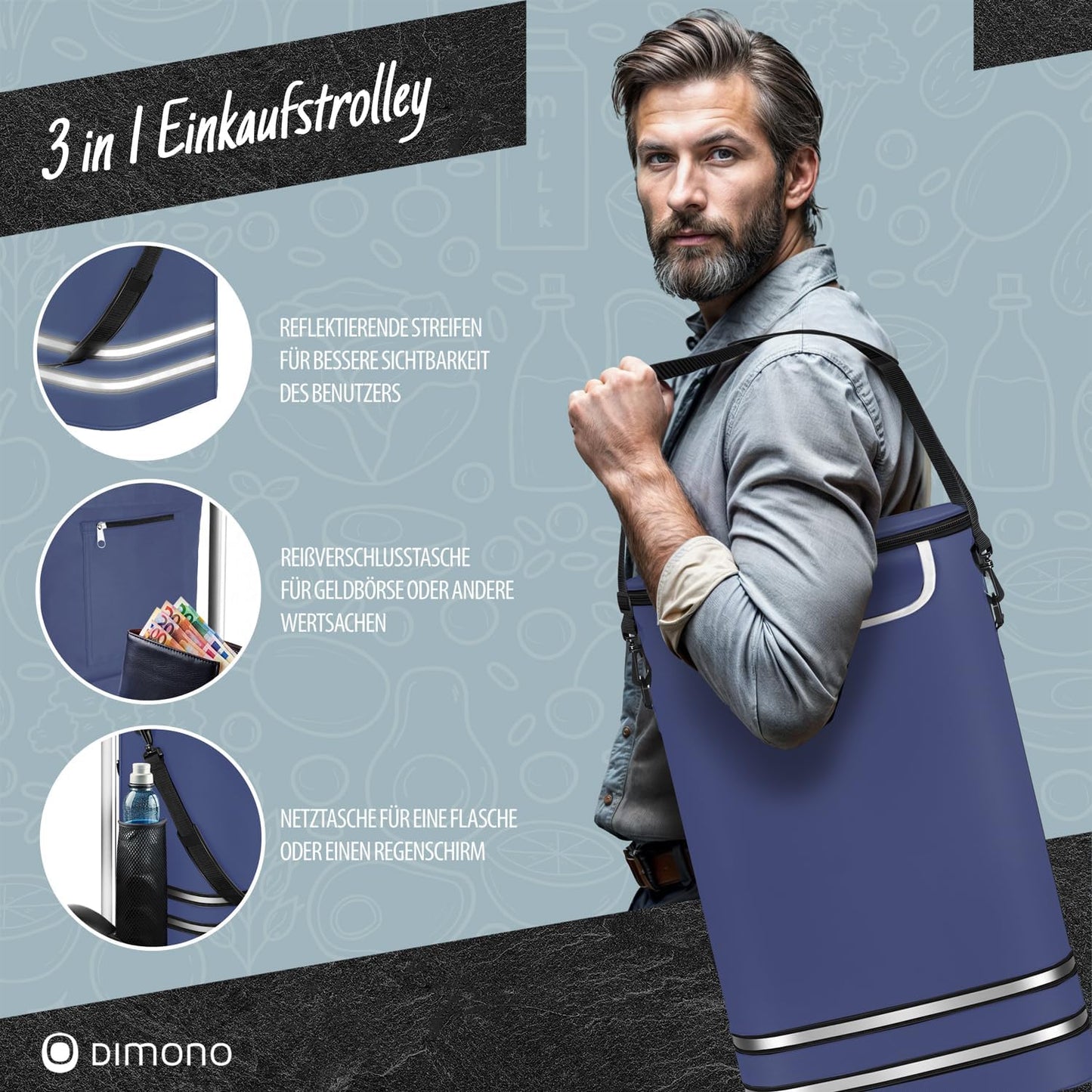 3-in-1 Einkaufstrolley Rolltex mit Kühlfach (56 L), Blau
