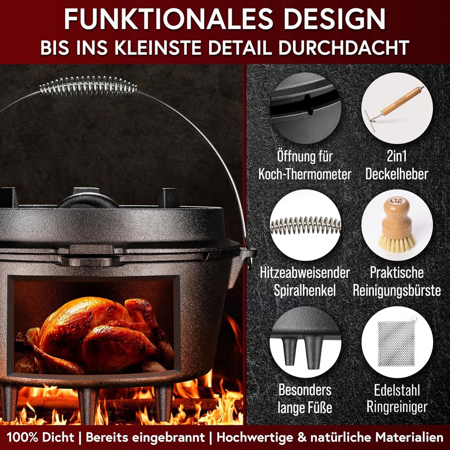 Dutch Oven Set mit Zubehör, Schwarz mit Füsse + Ringreiniger 4,5 Liter