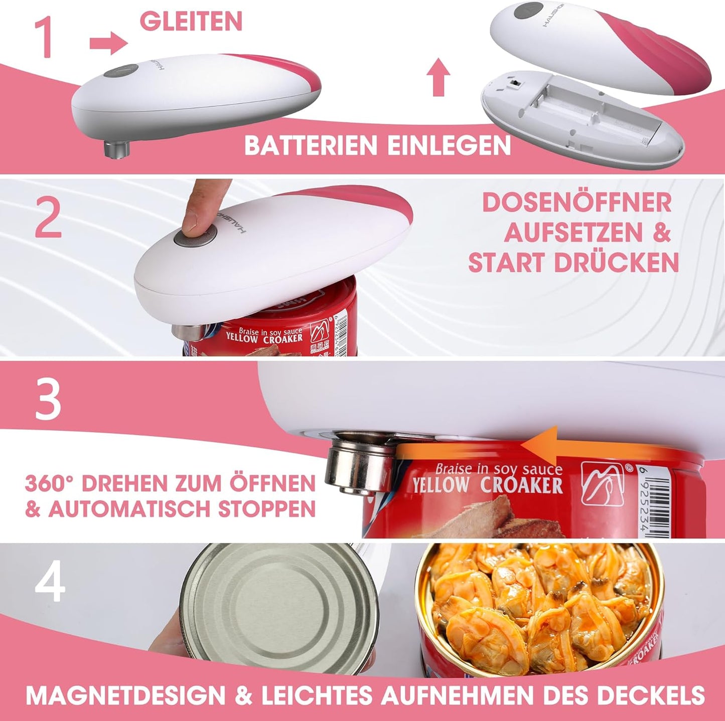 Elektrischer Dosenöffner mit Automatikfunktion, Rosa