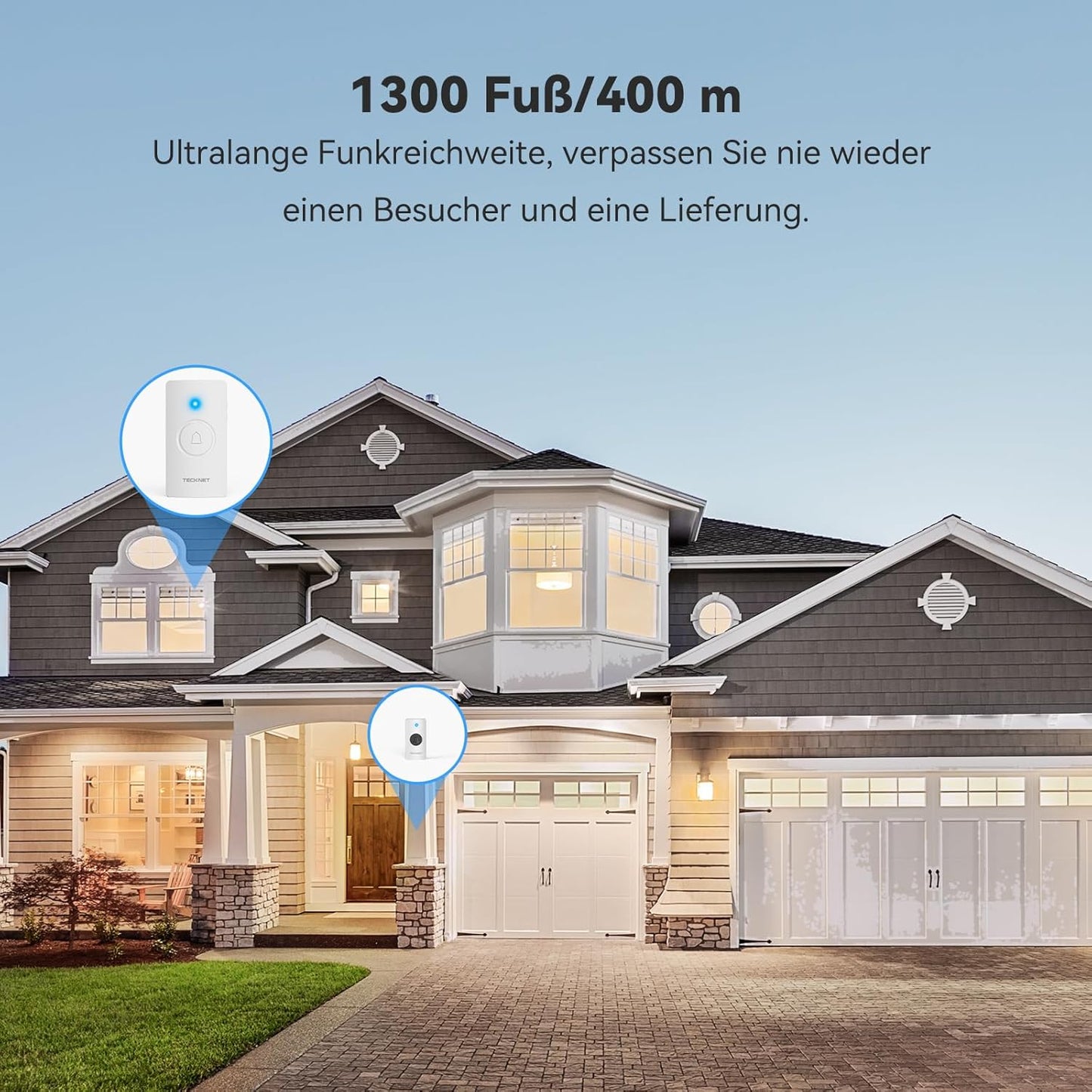 Funkklingel-Set mit 2 Empfängern, 5 Lautstärkestufen & 60 Melodien, 2 Empfänger & 1 Sender Weiss