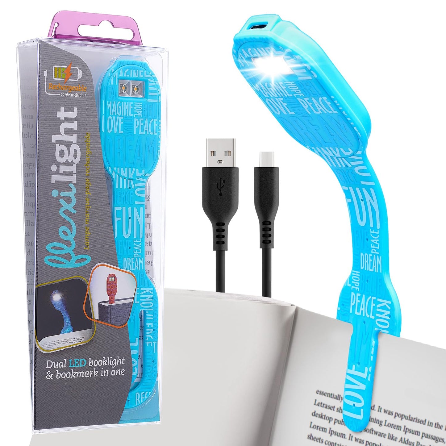 Flexilight 2-in-1 Clip On Leselampe & Lesezeichen, wiederaufladbar, Blaue Wörter