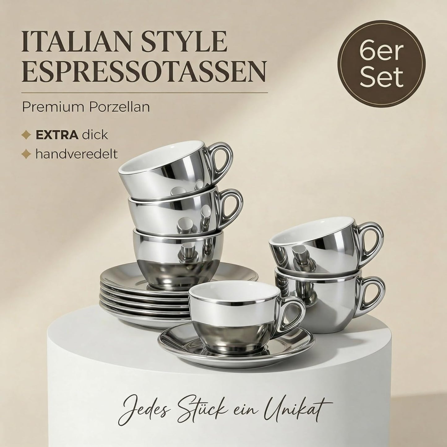 Espressotassen-Set mit Untertassen, Silber 60 ml