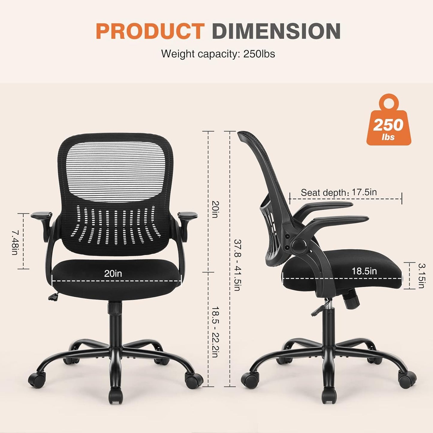 Ergonomischer Bürostuhl mit Lendenwirbelstütze, Schwarz Klappbare Armlehne
