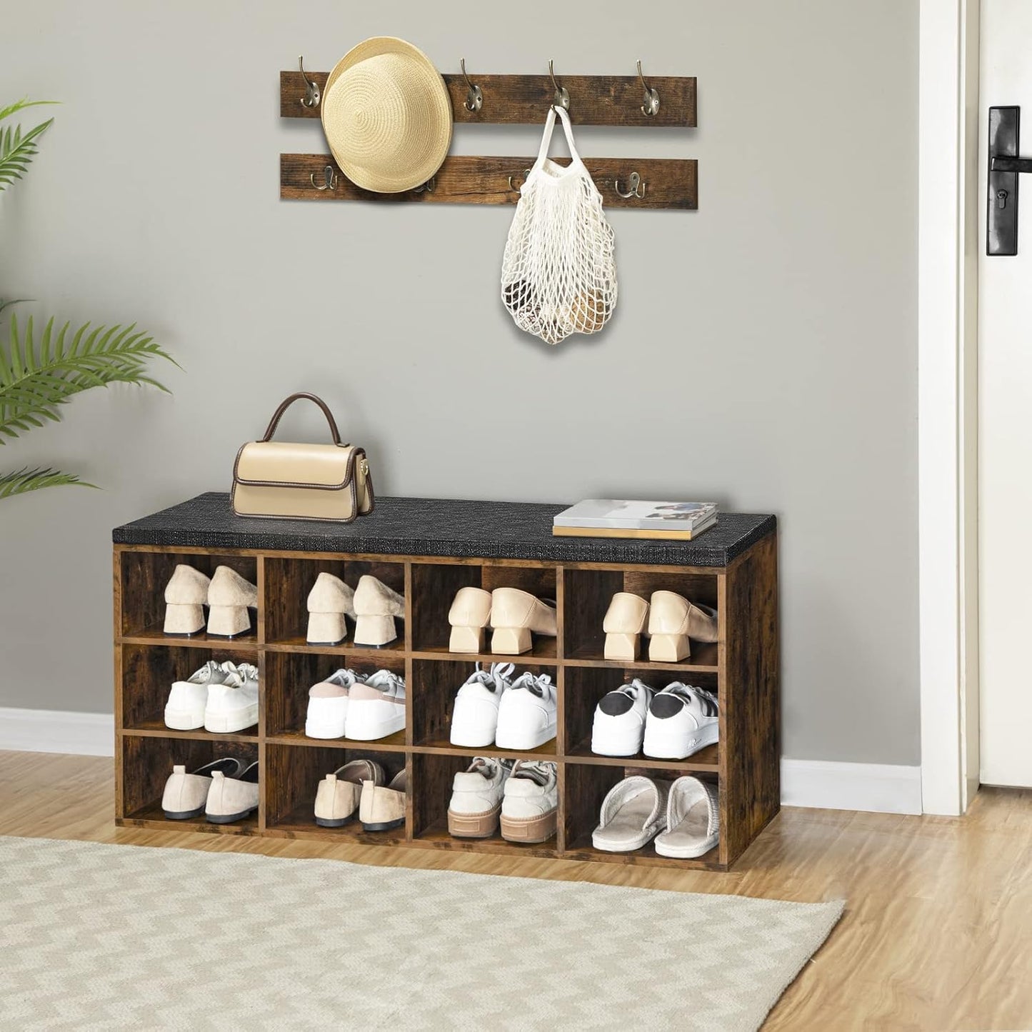 Garderobe und Schuhregal-Set mit Sitzbank und Haken, Vintagebraun + Braun 100 cm x 30 cm x 48 cm