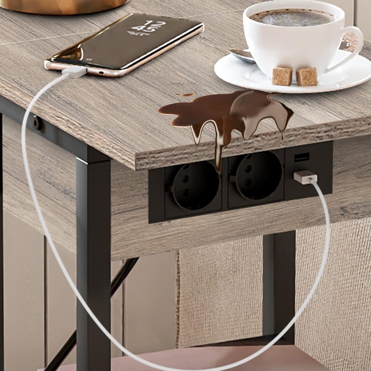 Beistelltisch mit Ladestation, Greige + Schwarz