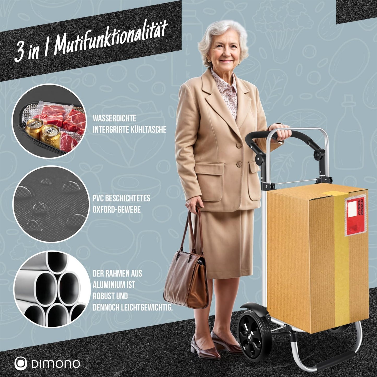 Klappbarer Einkaufstrolley mit Kühlfach, 56 Liter, 30 kg, Grau