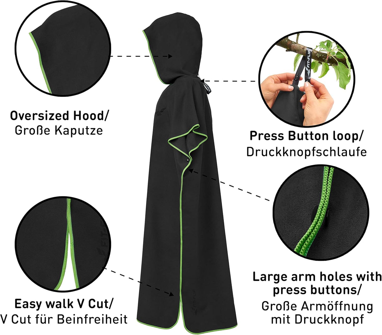 Badeponcho mit Kapuze, schnelltrocknend, 02-Large 14 - Schwarz - Grün