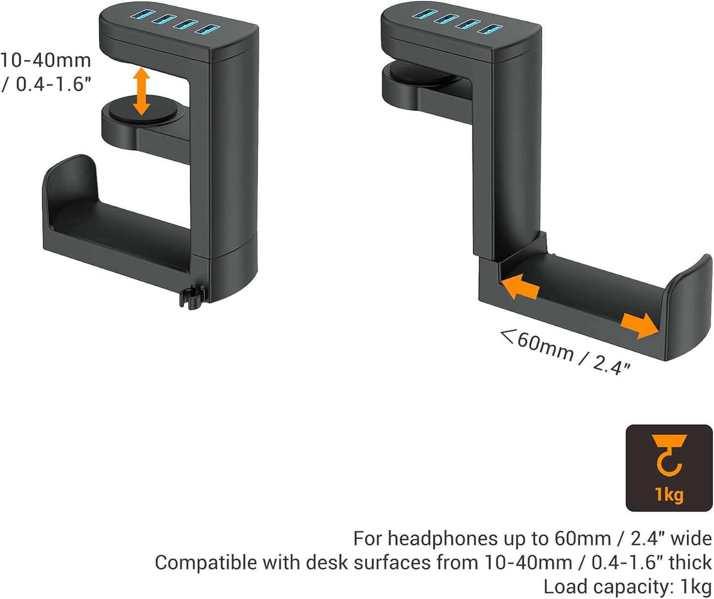 Kopfhörerständer mit USB-Hub, Kopfhörerständer mit 4 USB Anschlüssen Schwarz