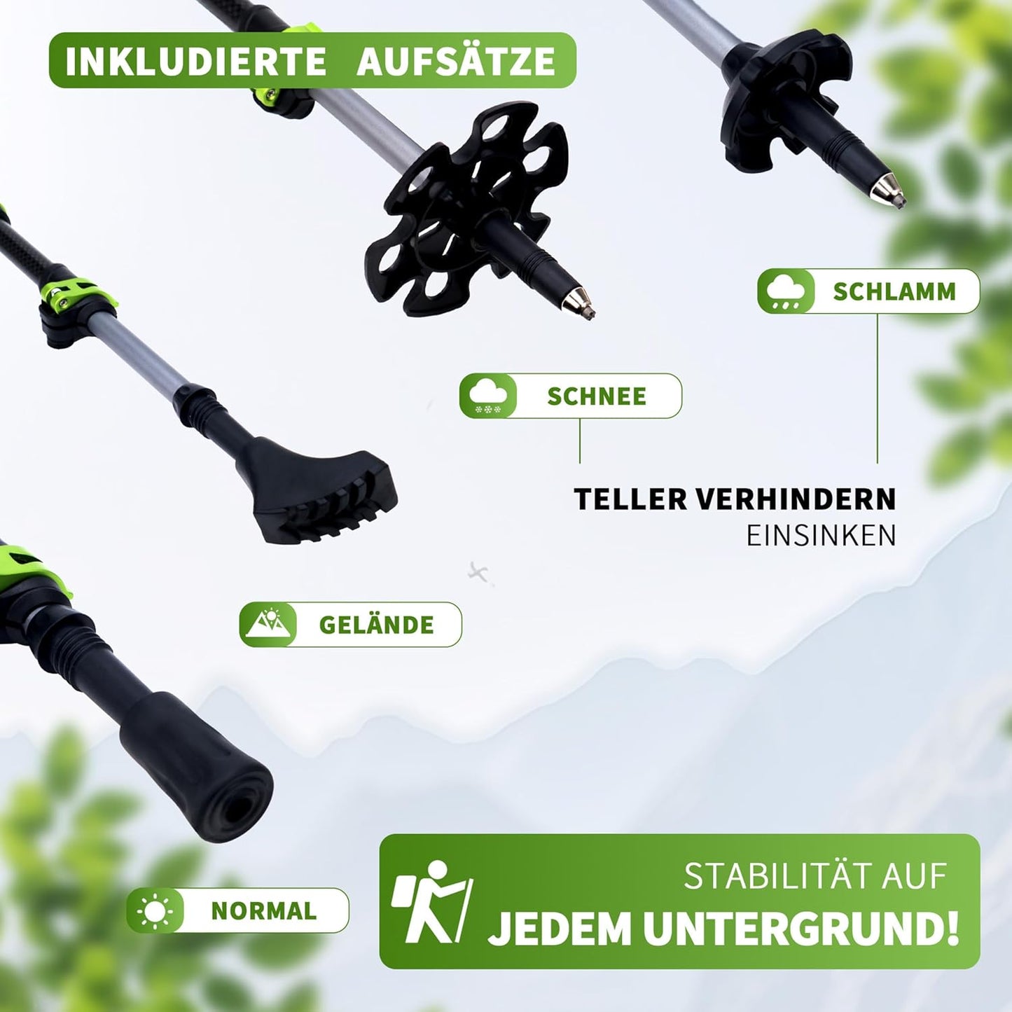 Verstellbare Teleskop Wanderstöcke mit Korkgriff und Zubehör, Grün