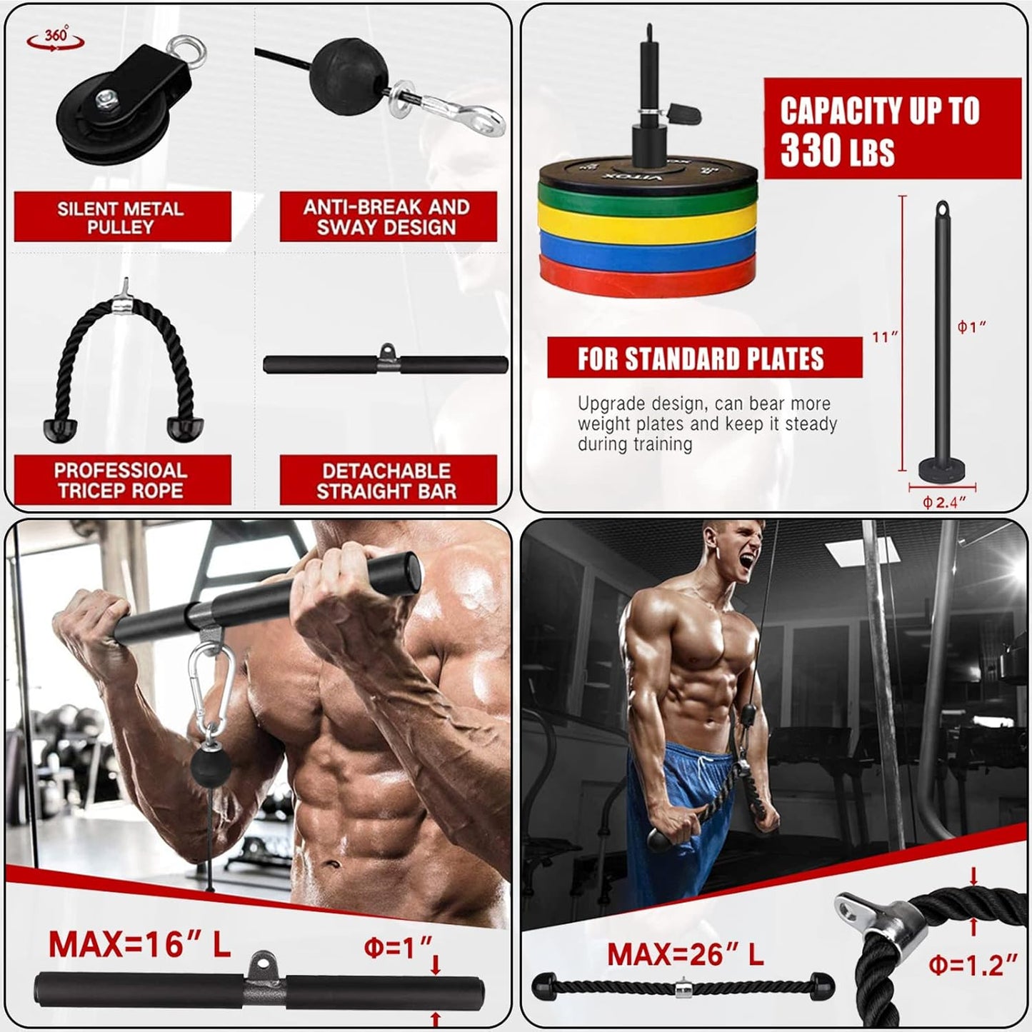 Kabelzug Fitnessgerät für Trizeps und Latzug, 2,5M Kabel L