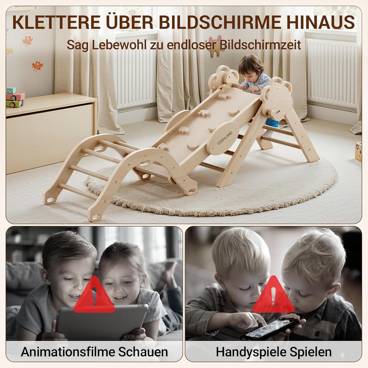 8-in-1 Klettergerüst mit Rutsche & Kletterbogen, M Natur