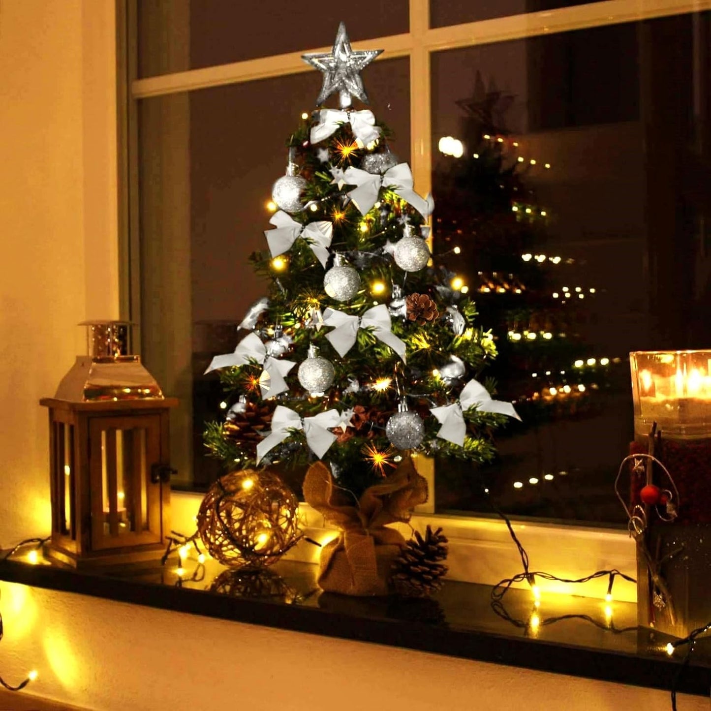 Künstlicher Weihnachtsbaum mit Deko & LED-Lichtern, 90 cm / Grün-silber-braun+warmweiss