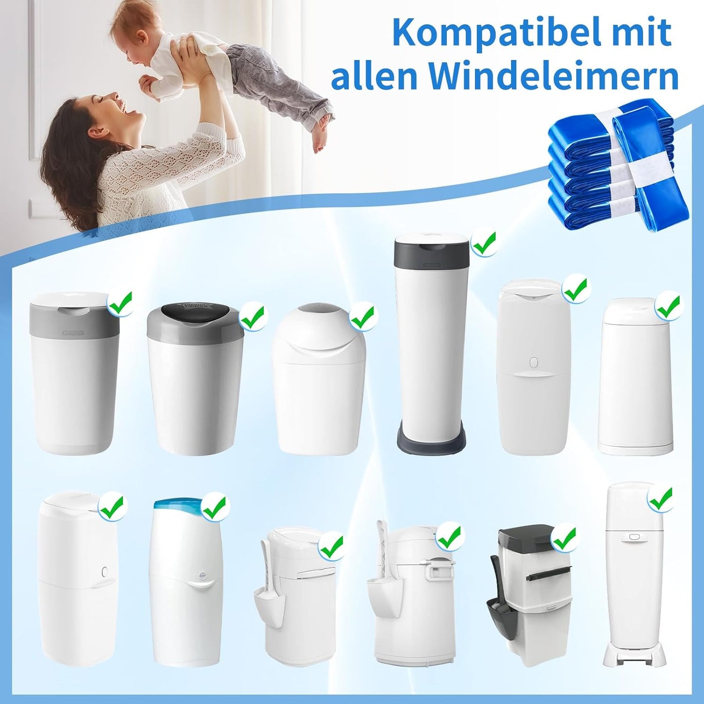 12-teiliges Nachfüllkassetten Set für Windeleimer, Blau,12 Stück