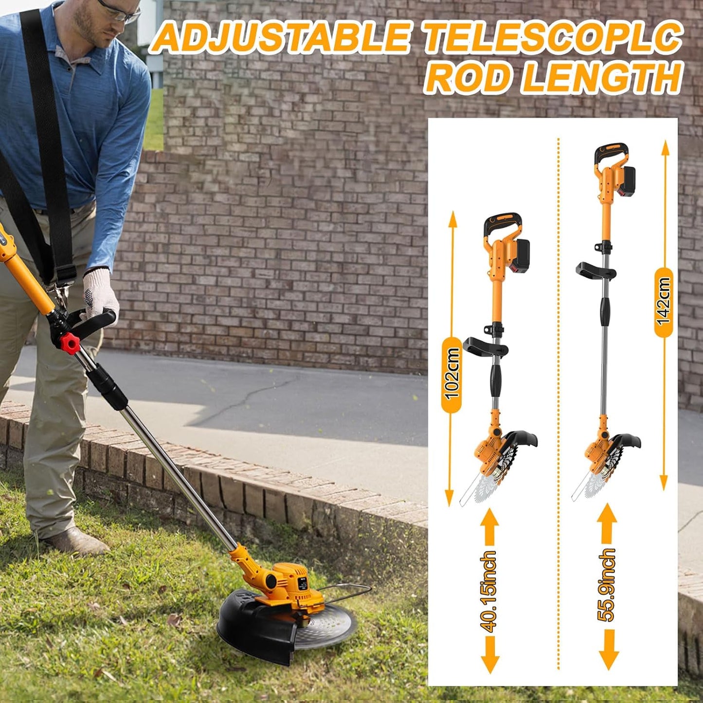 Akku-Rasentrimmer ‎HY-08 mit Unkrautbürste und 4 Klingentypen, orange-b