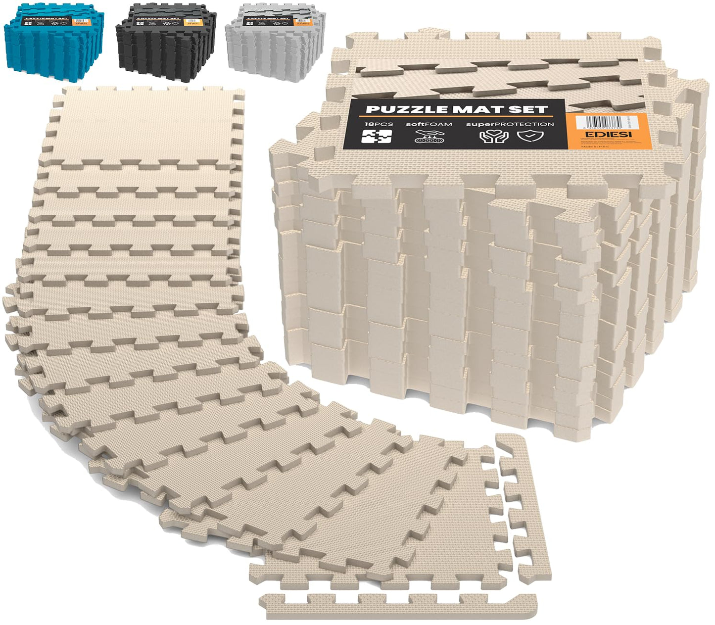 Bodenschutz Puzzlematte-Set, 18 Stück / 30 x 30 x 1 cm / 1,7 m² / Beige